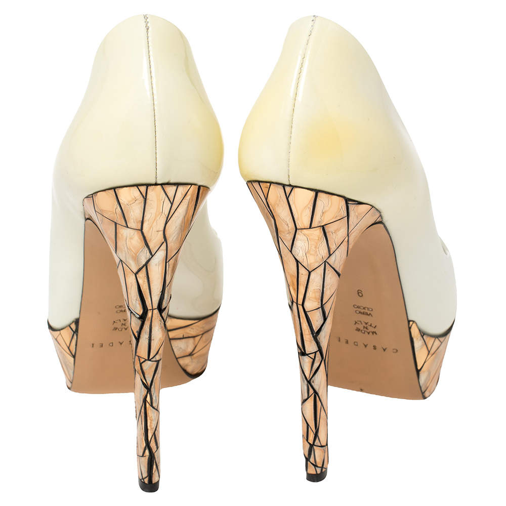 Pre Owned Casadei White Patent Leather Mosaic Mirror Heel Peep Toe Platform Pumps Size 39