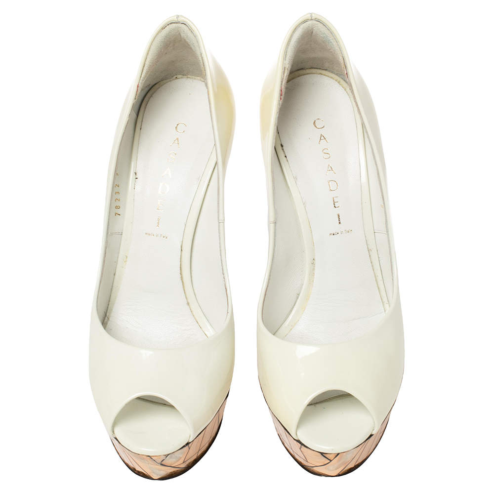 Pre Owned Casadei White Patent Leather Mosaic Mirror Heel Peep Toe Platform Pumps Size 39
