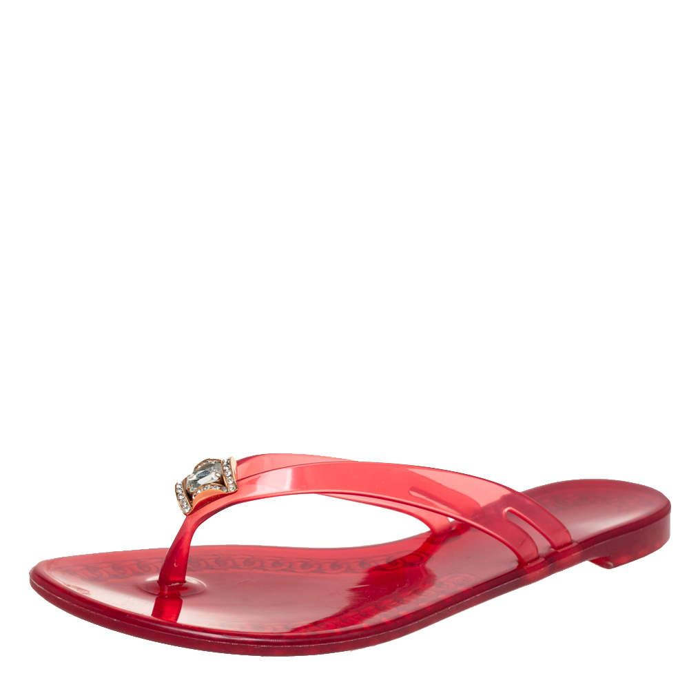 Casadei Red Jelly Crystal Embellished Thong Flat Sandals Size 40