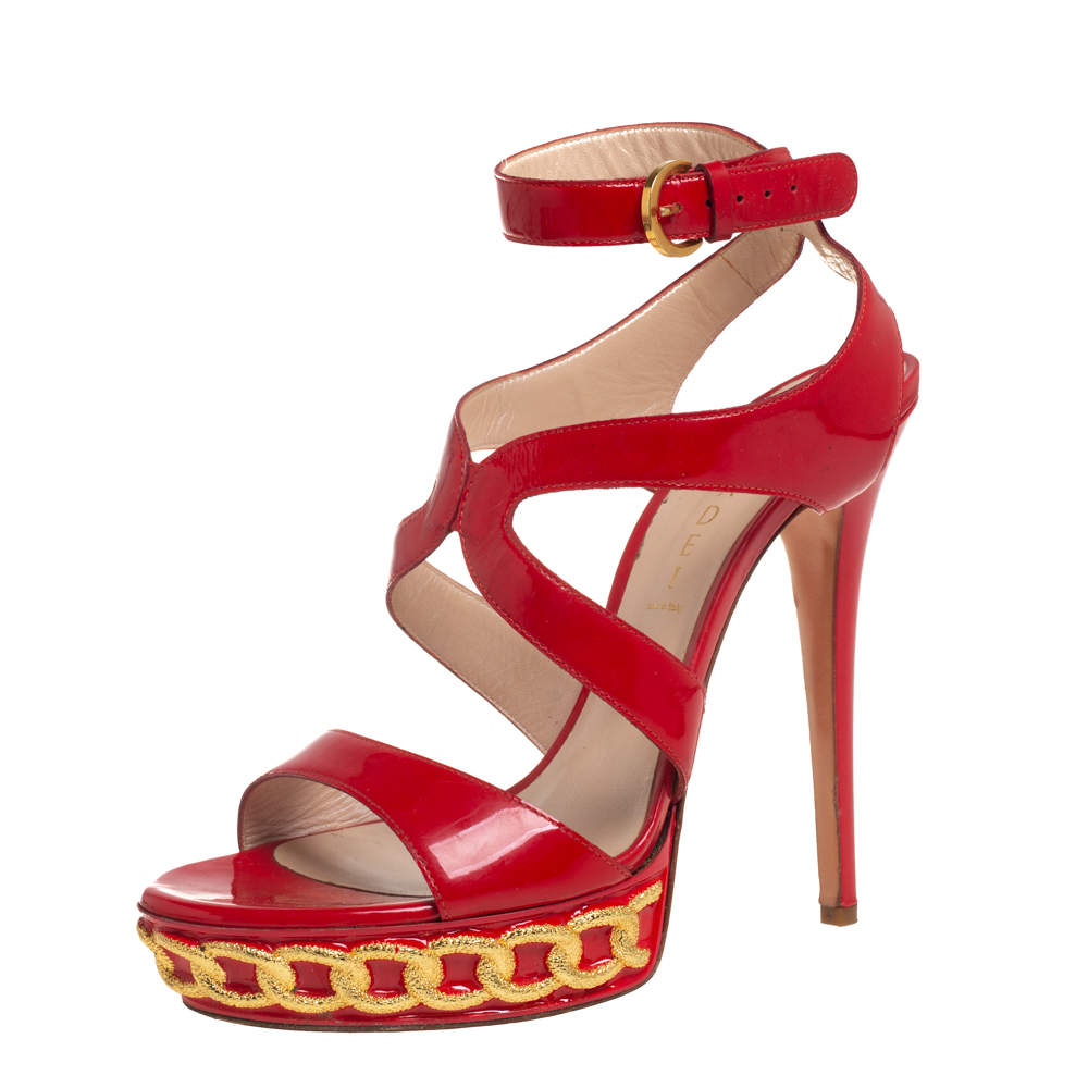 Casadei Red Patent Leather Crossover Platform Sandals Size 40