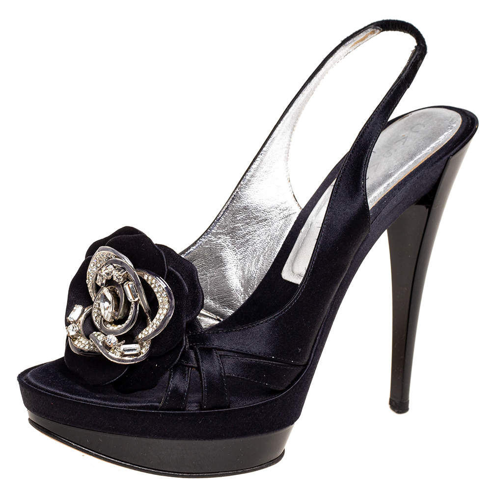 Pre Owned Casadei Black Satin Crystal Embellished Slingback Sandals Size 39