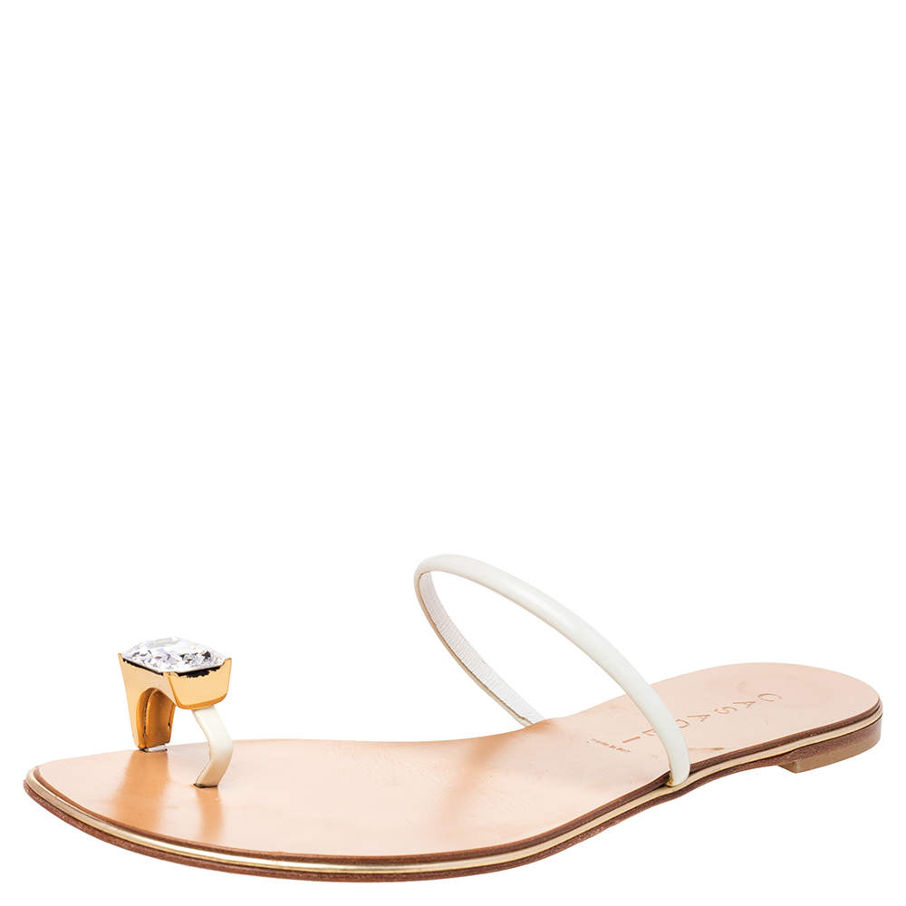 Pre Owned Casadei White Patent Leather Crystal Embellished Flats Size 37