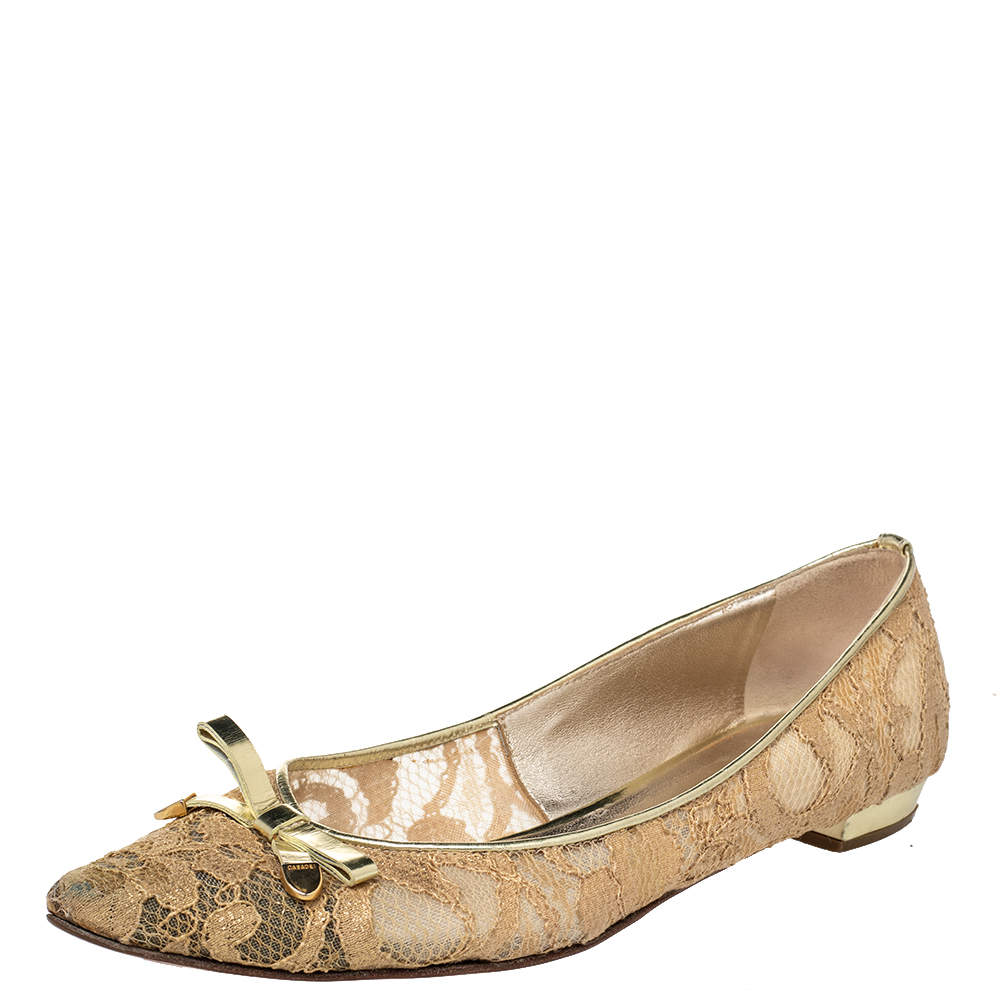 Casadei Gold Floral Lace And Leather Pointed Toe Ballet Flats Size 39.5 ...