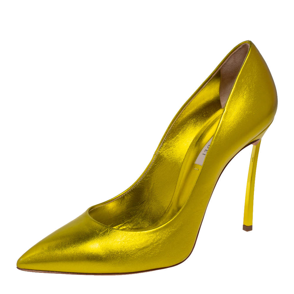 Pre Owned Casadei Metallic Yellow Leather Pointed Toe Pumps Size 40