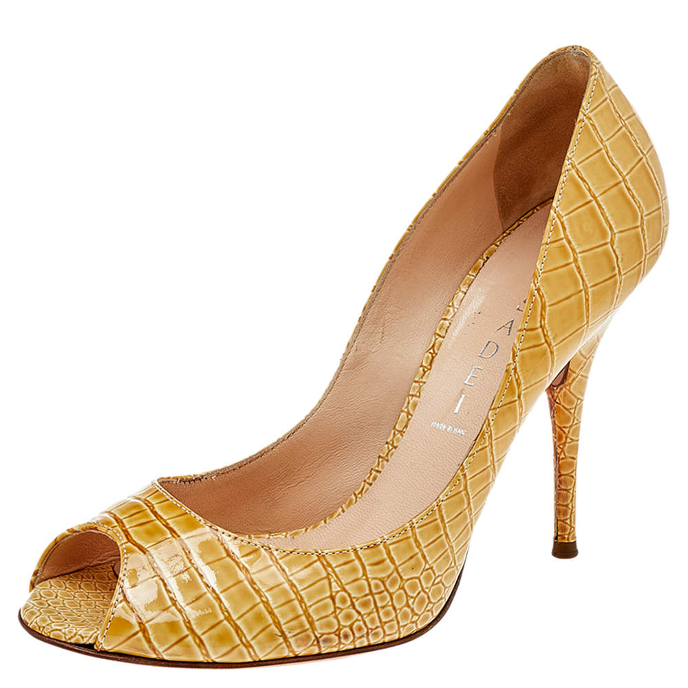 Pre Owned Casadei Beige Croc Embossed Patent Leather Peep Toe Pumps Size 37.5