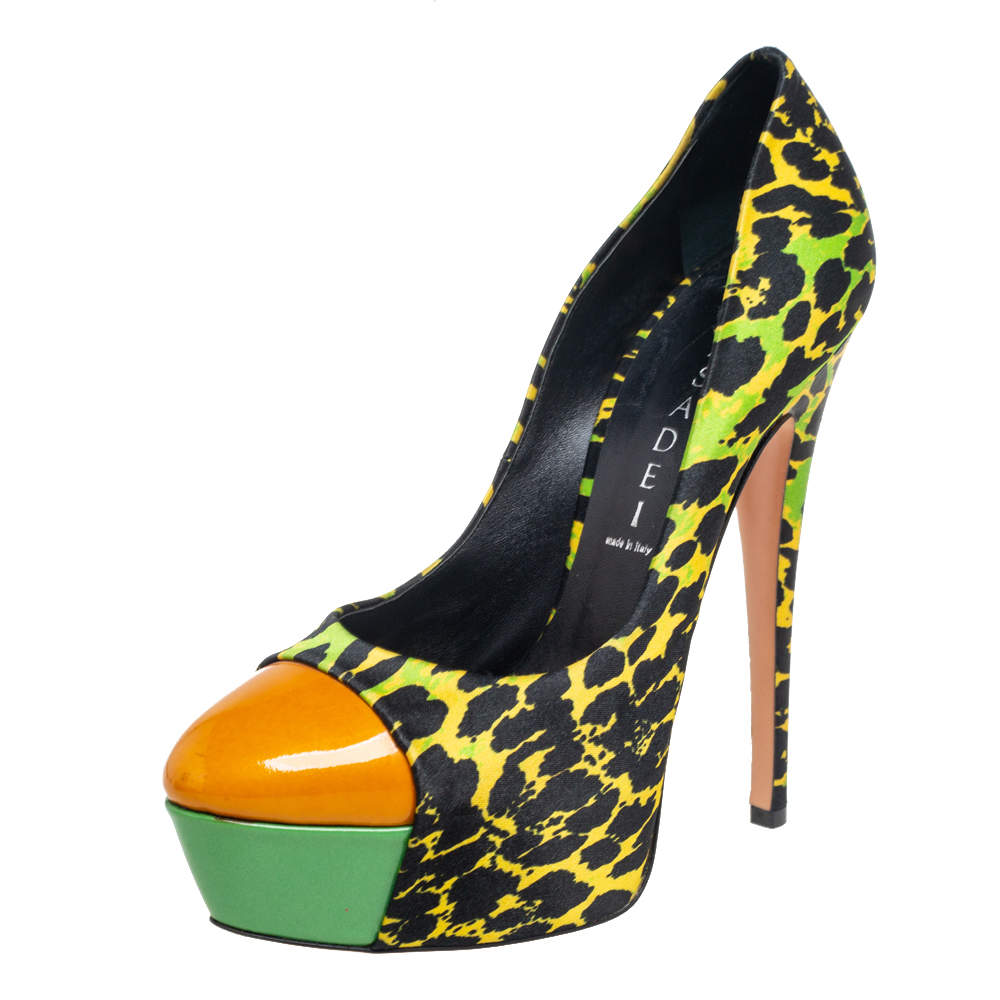Casadei Multicolor Satin And Patent Leather Cap Toe Platform Pumps Size 37.5
