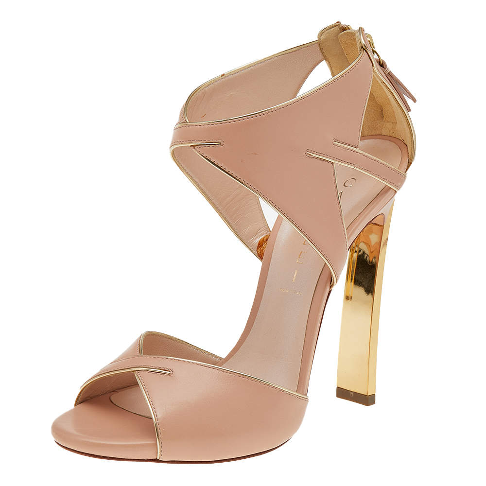 Pre Owned Casadei Beige/Gold Leather Sandals Size 38