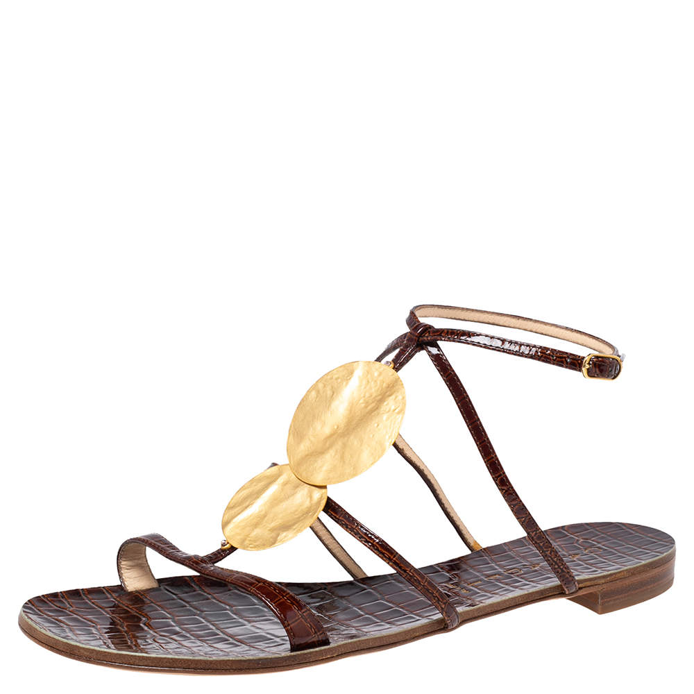 Pre Owned Casadei Brown Croc Embossed Leather Strappy Flat Sandals Size 38.5