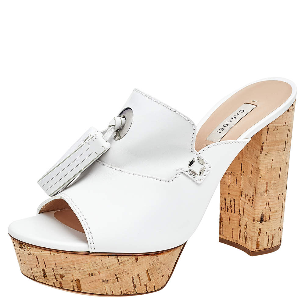 Pre Owned Casadei White Leather Tassel Platform Slide Sandals Size 40.5