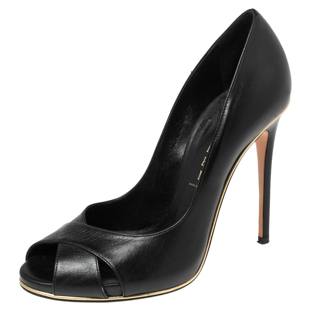Pre Owned Casadei Black Leather Crisscross Peep-Toe Pumps Size 37