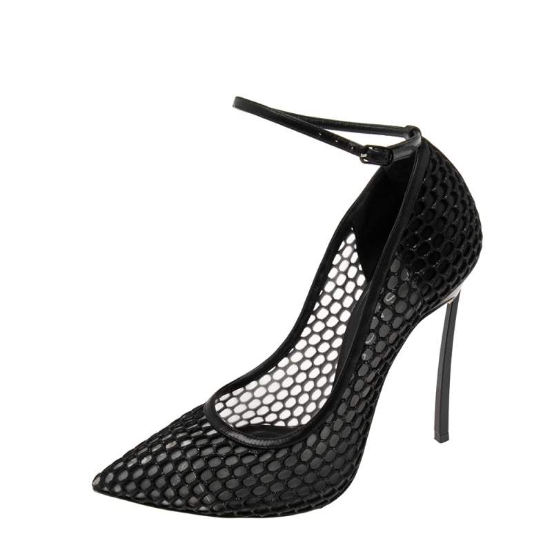 Pre Owned Casadei Black Leather and Mesh Laser Cut Ankle-Strap Pumps Size 38