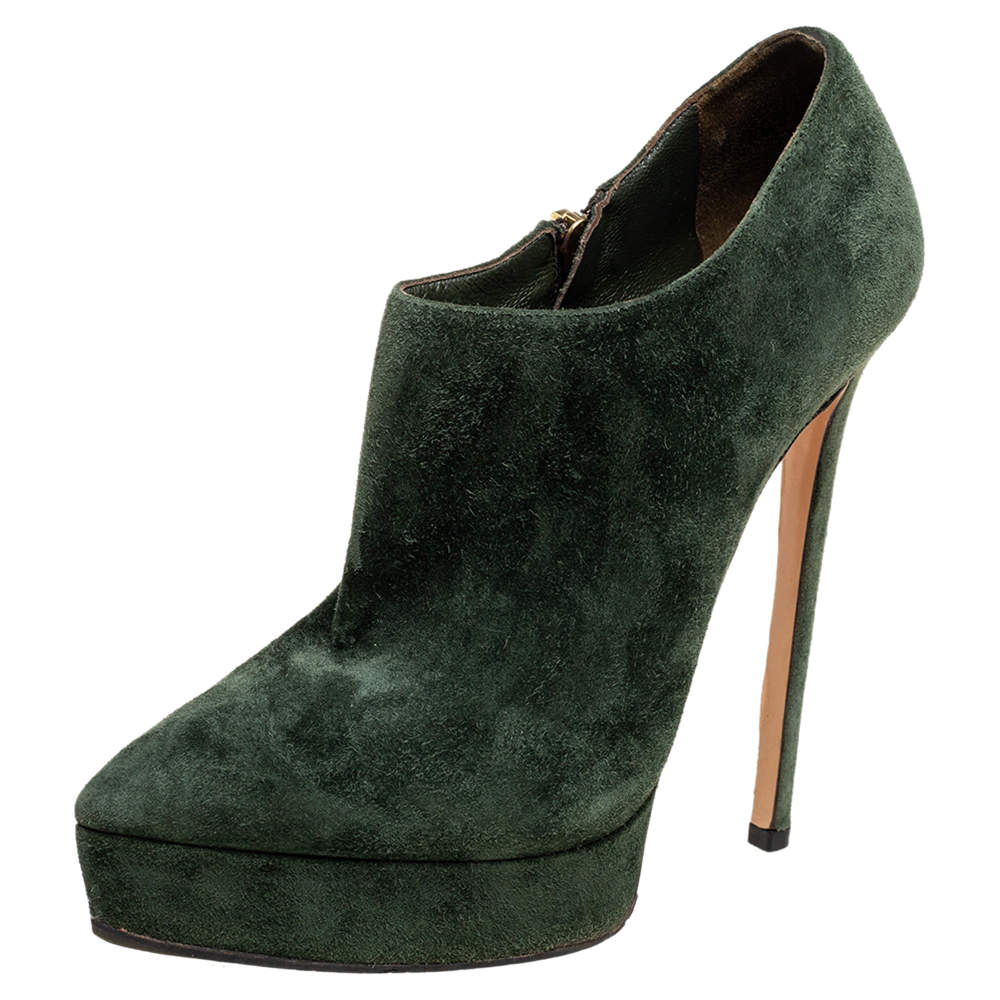 Casadei Green Suede Pointed-Toe Platform Ankle Booties Size 37