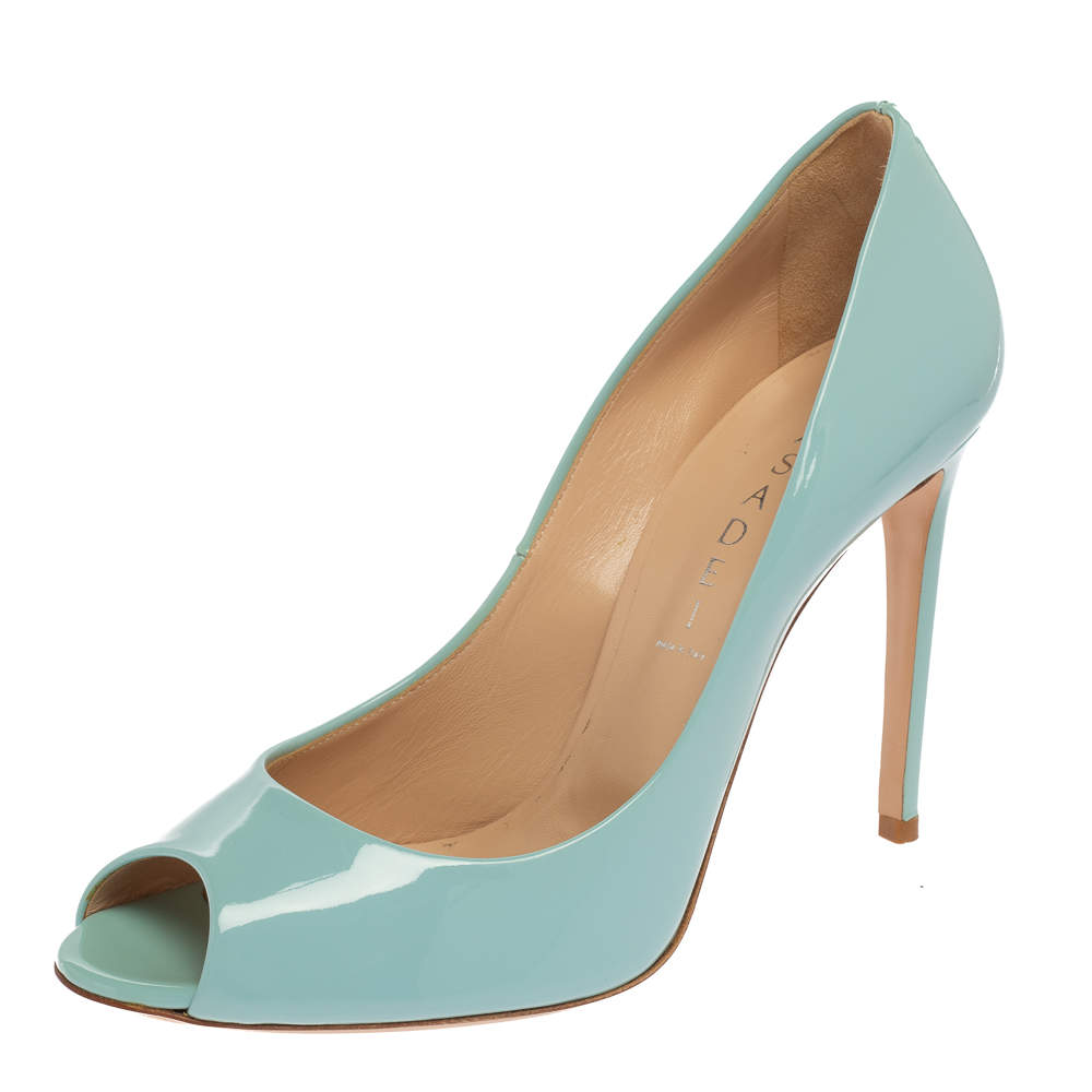 Pre Owned Casadei Blue Patent Leather Peep Toe Pumps Size 39