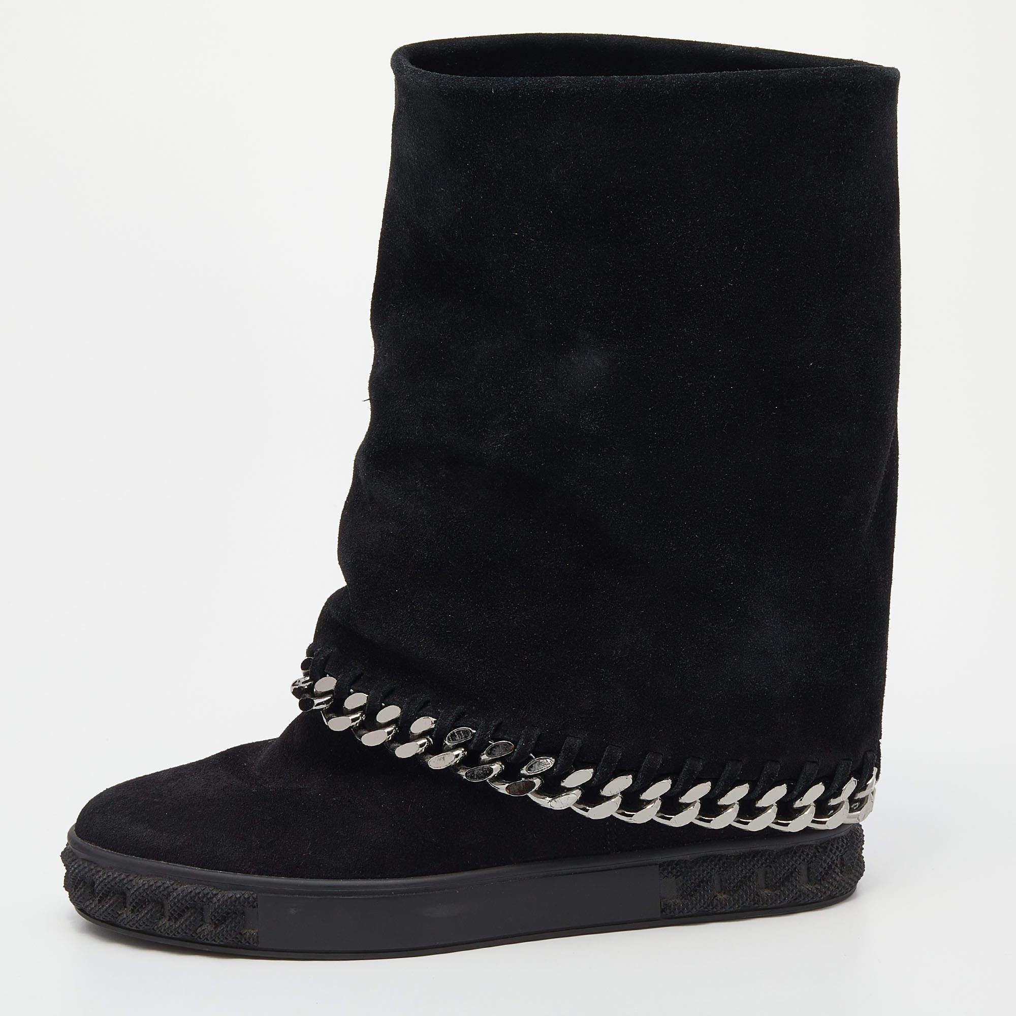 Pre Owned Casadei Black Suede Wedge Chain Mid Calf Boots Size 37.5