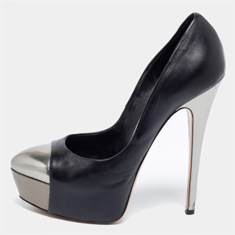 Pre Owned Casadei Black/Silver Leather Cap Toe Platform  Pumps Size 38