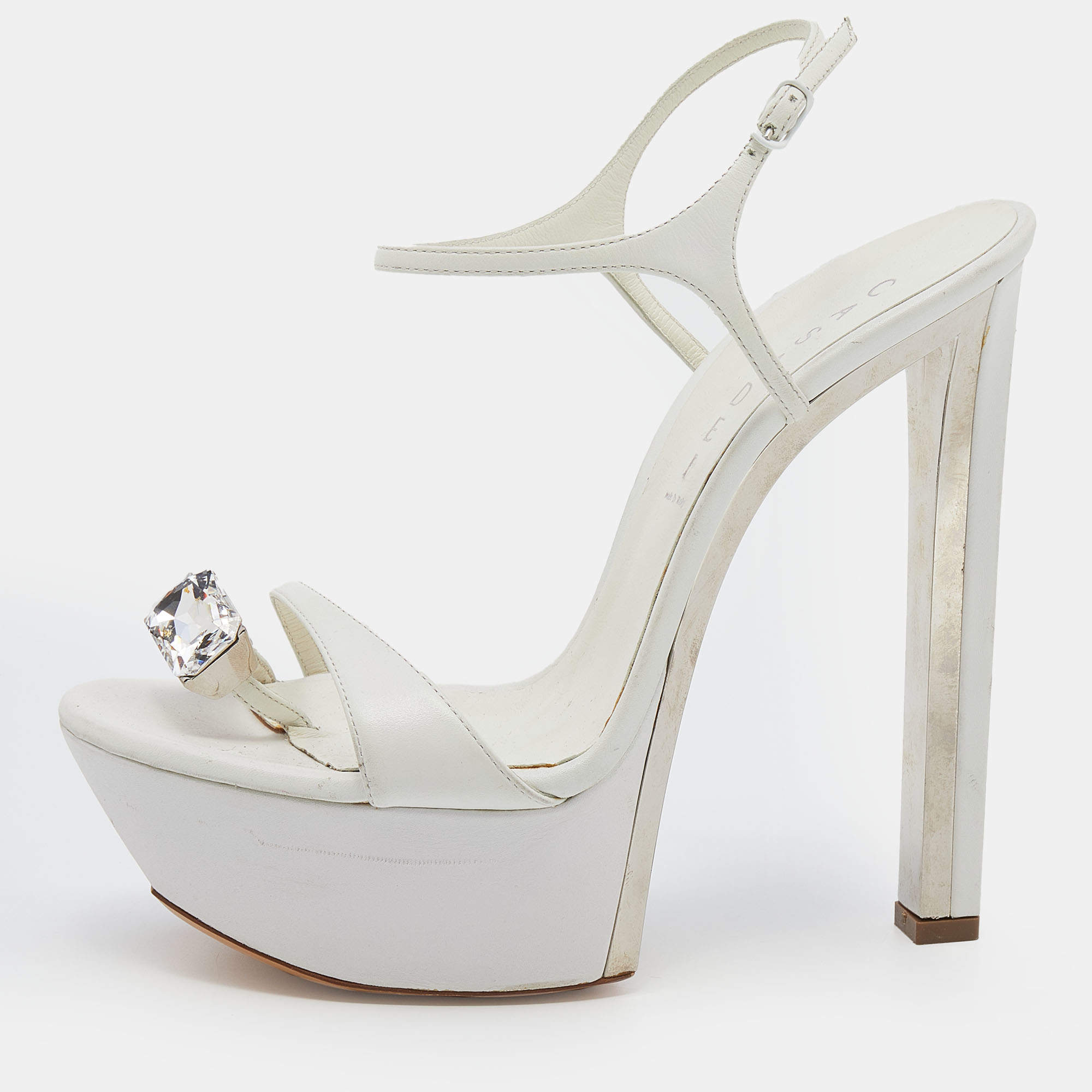 Pre Owned Casadei White Leather Crystal Embellished Ankle Strap Platform Sandals Size 40