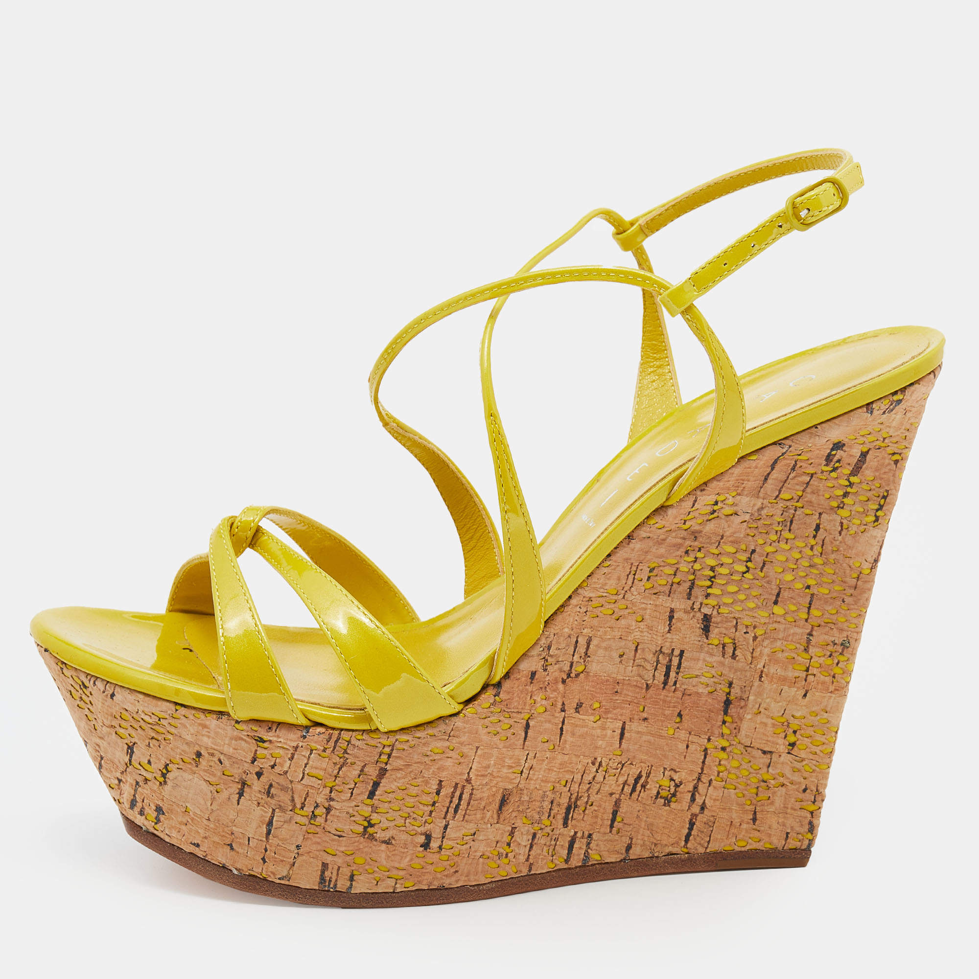 Pre Owned Casadei Yellow Patent Leather Platform Wedge Ankle Strap Sandals Size 40