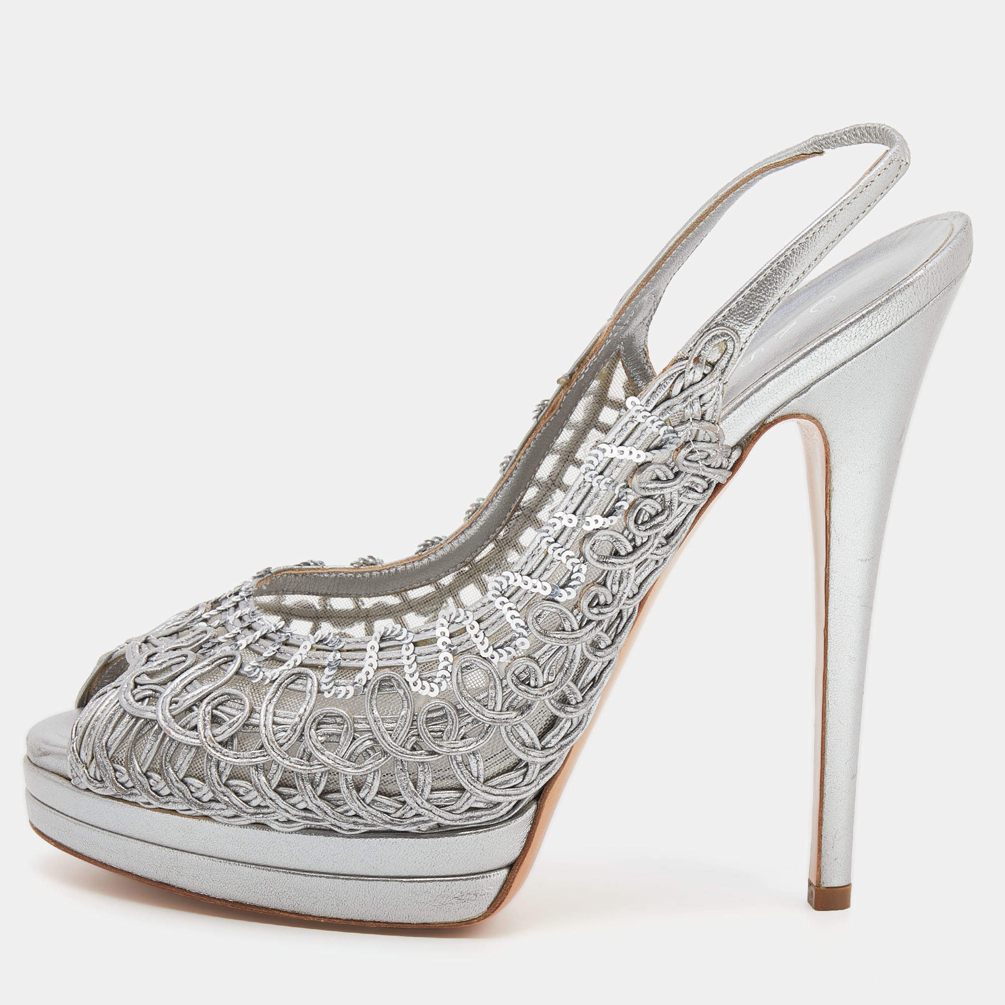 Pre Owned Casadei Metallic Grey Leather Platform Slingback Sandals Size 39