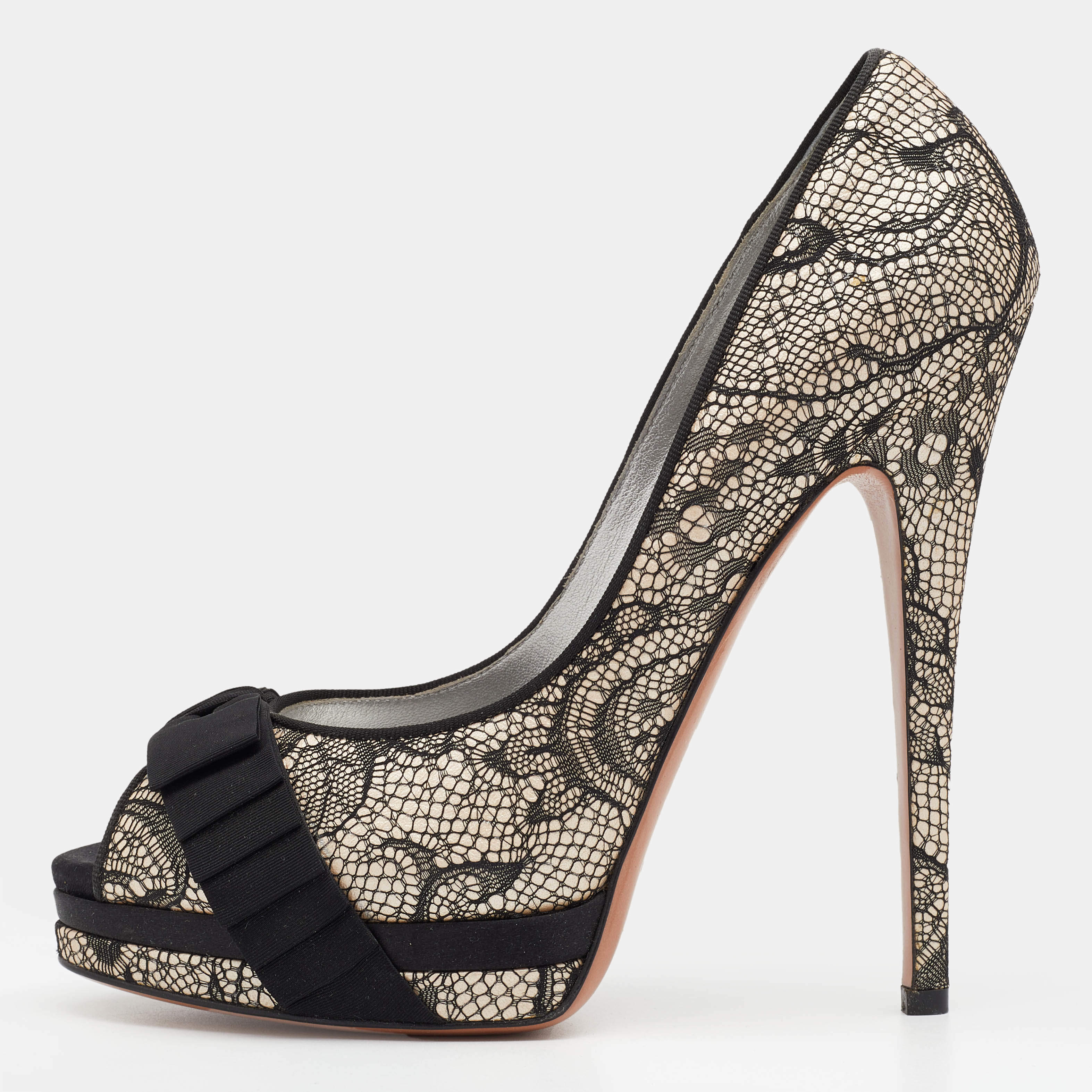 Pre Owned Casadei Black/Beige Lace and Leather Peep Toe Platform Pumps Size 39