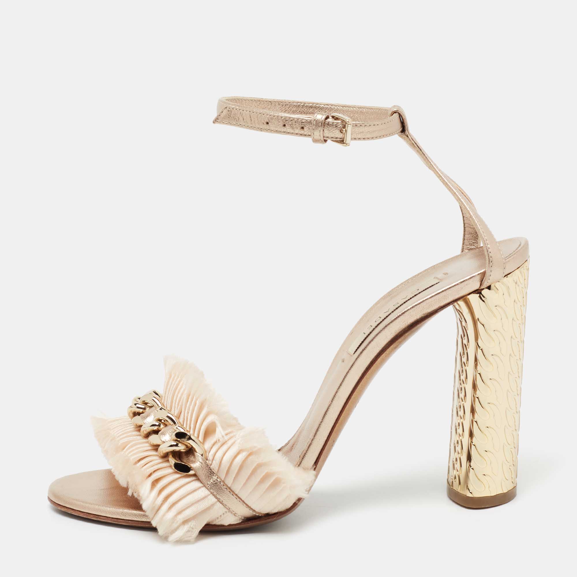 Pre Owned Casadei Rose Gold Leather Chain Detail Ankle Strap Sandals Size 38