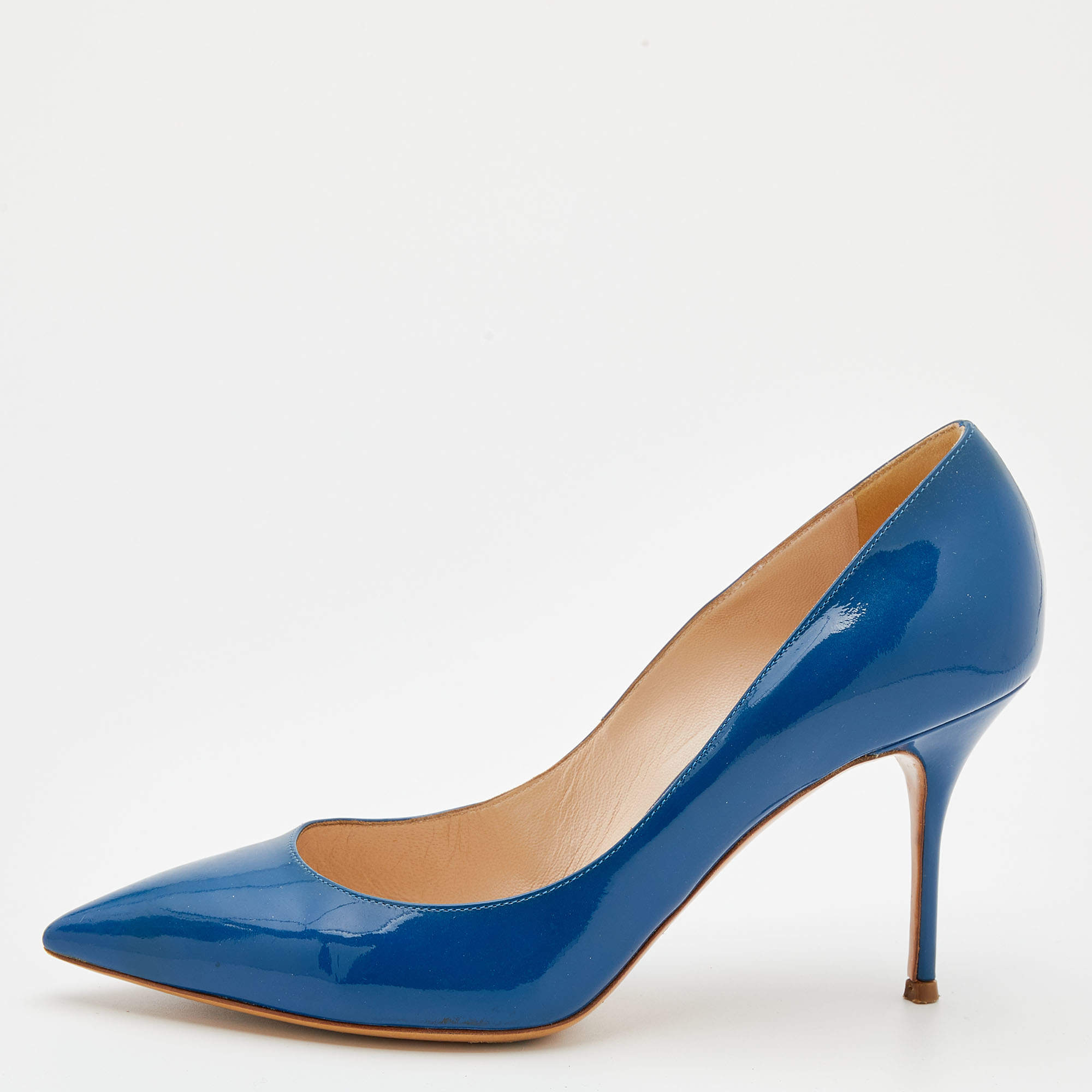 Pre Owned Casadei Blue Patent Leather Pointed Toe Pumps Size 38