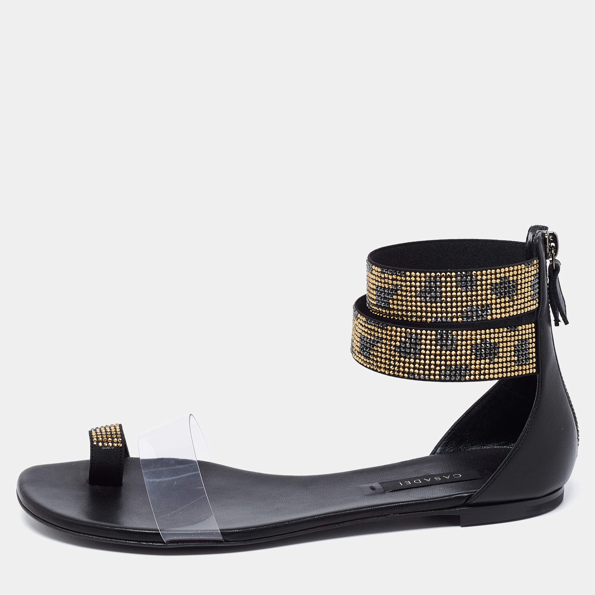 Pre Owned Casadei Black Leather And PVC Crystal Embellished Vinil Ankle Cuff Flat Sandals Size 38.5