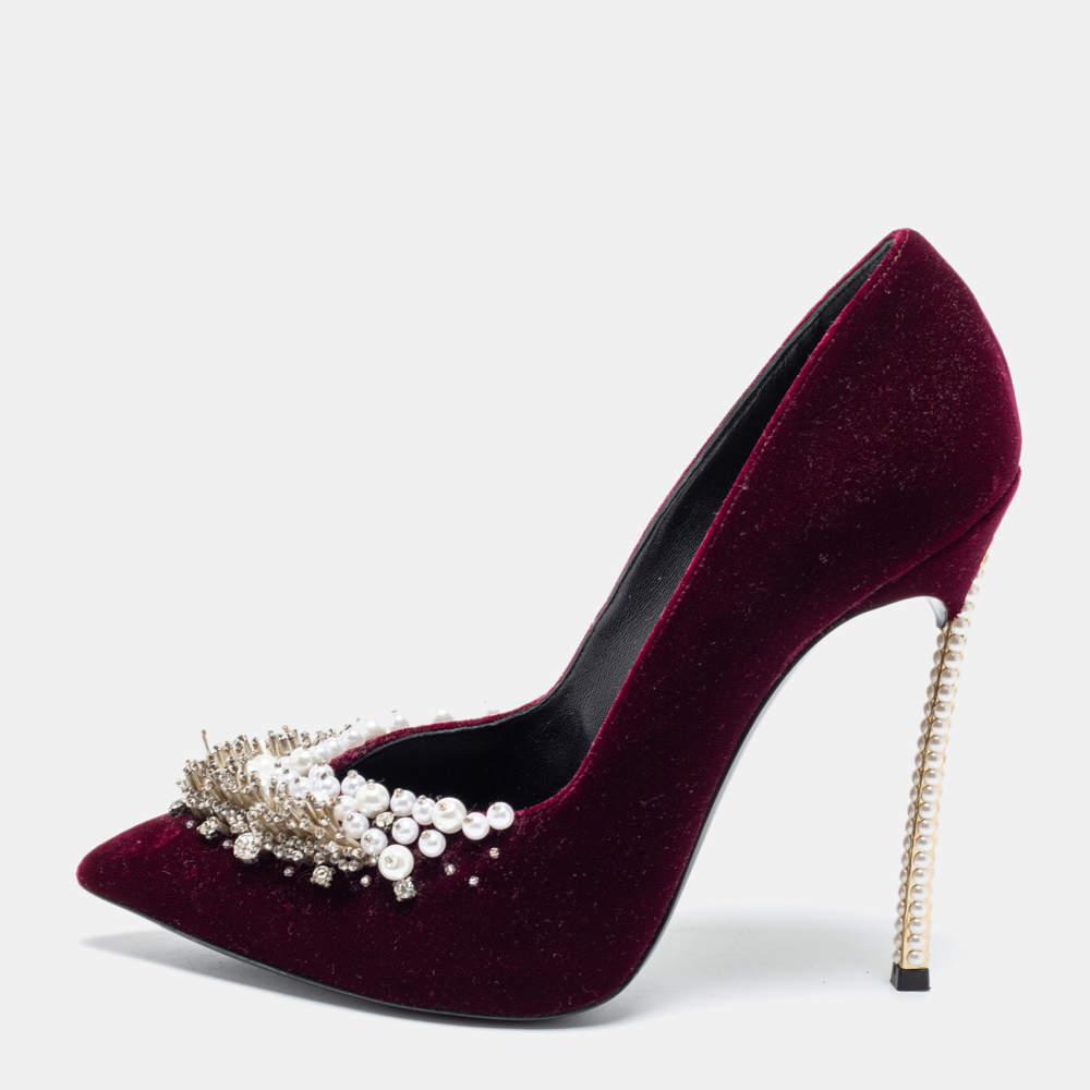 Pre Owned Casadei Burgundy Velvet Crystal and Faux Pearl Embellished Pumps Size 38