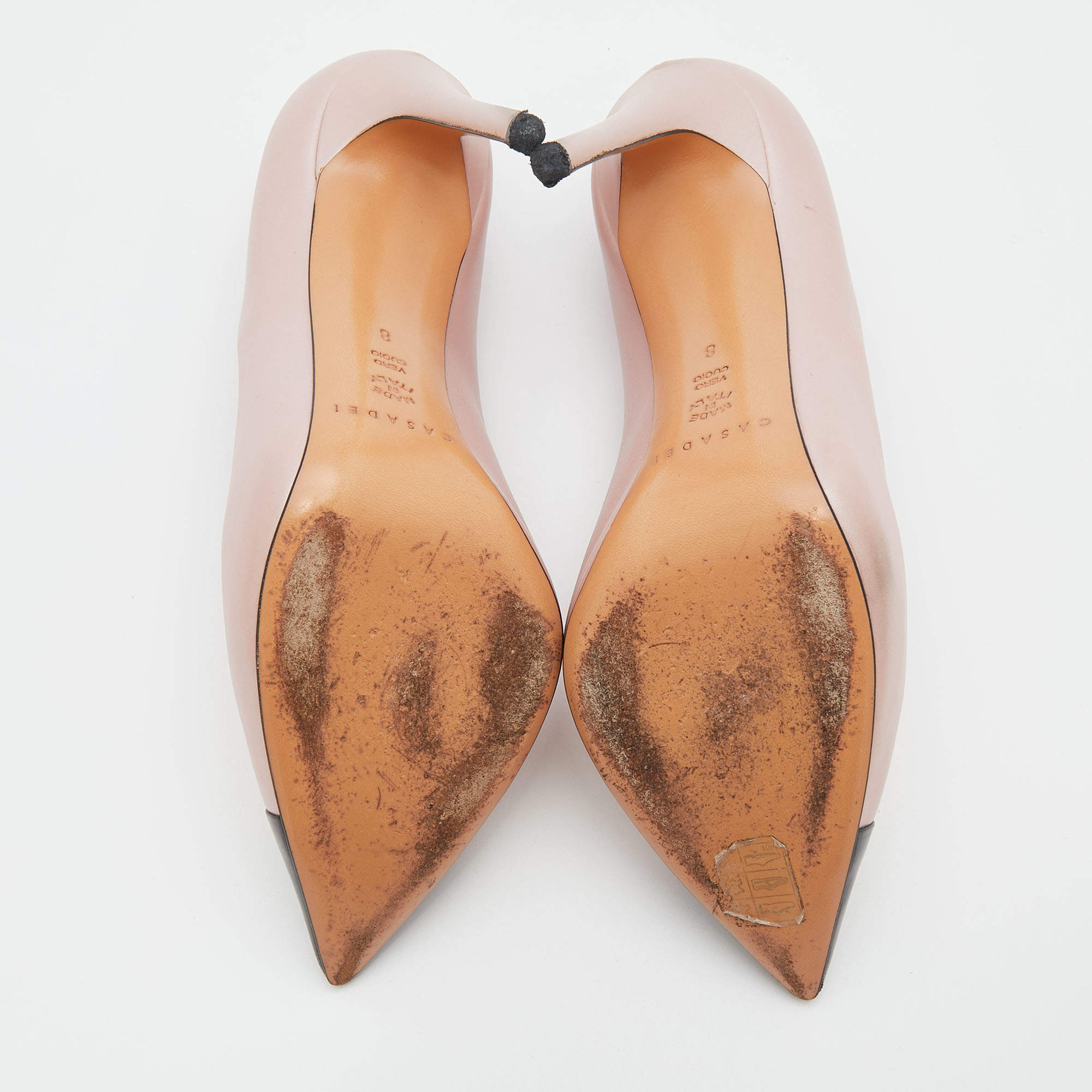 مملوكة مسبقًا Casadei Light Pink/Black Leather Pointed Toe Pumps Size 38