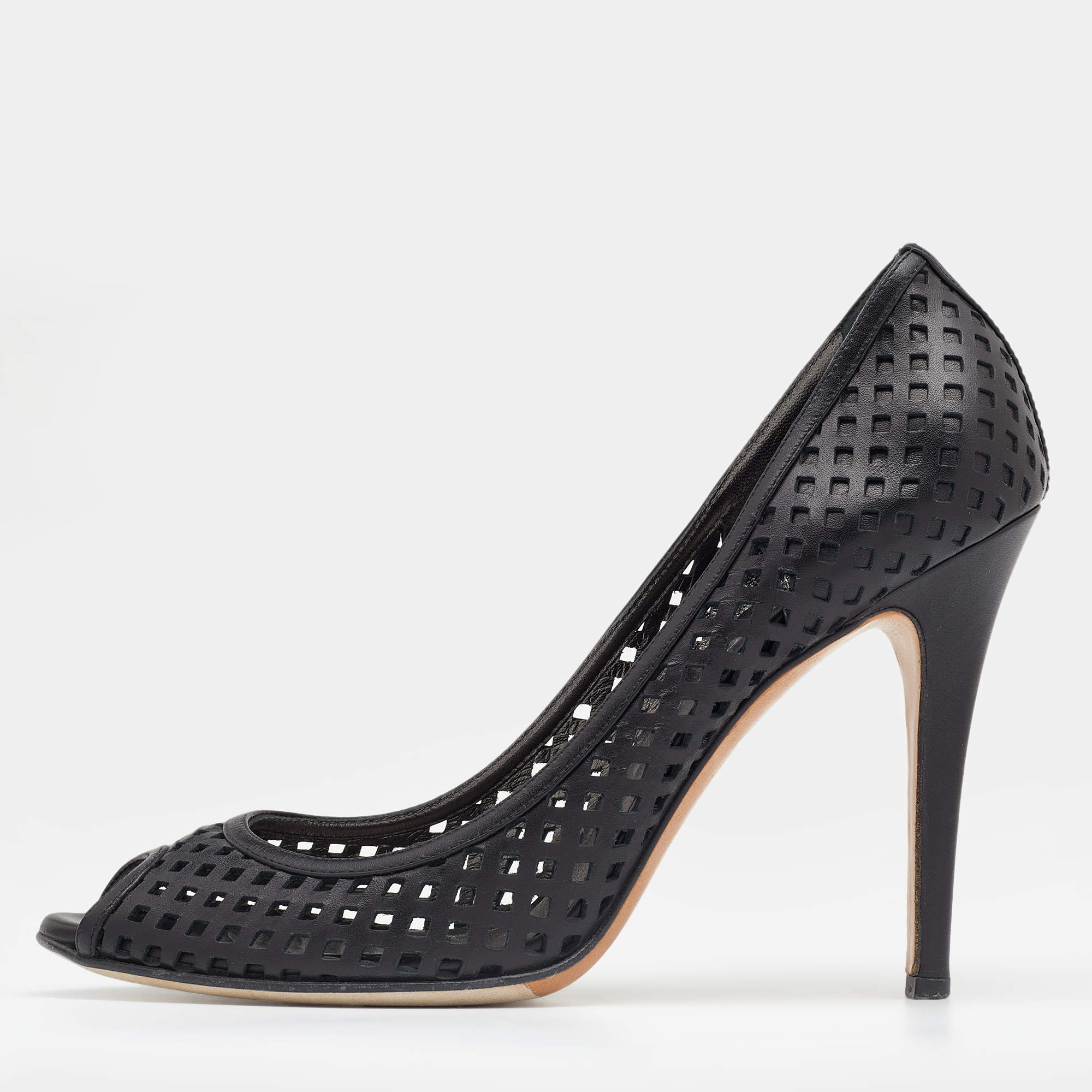 Pre Owned Casadei Black Laser Cut Leather Peep Toe Pumps Size 39