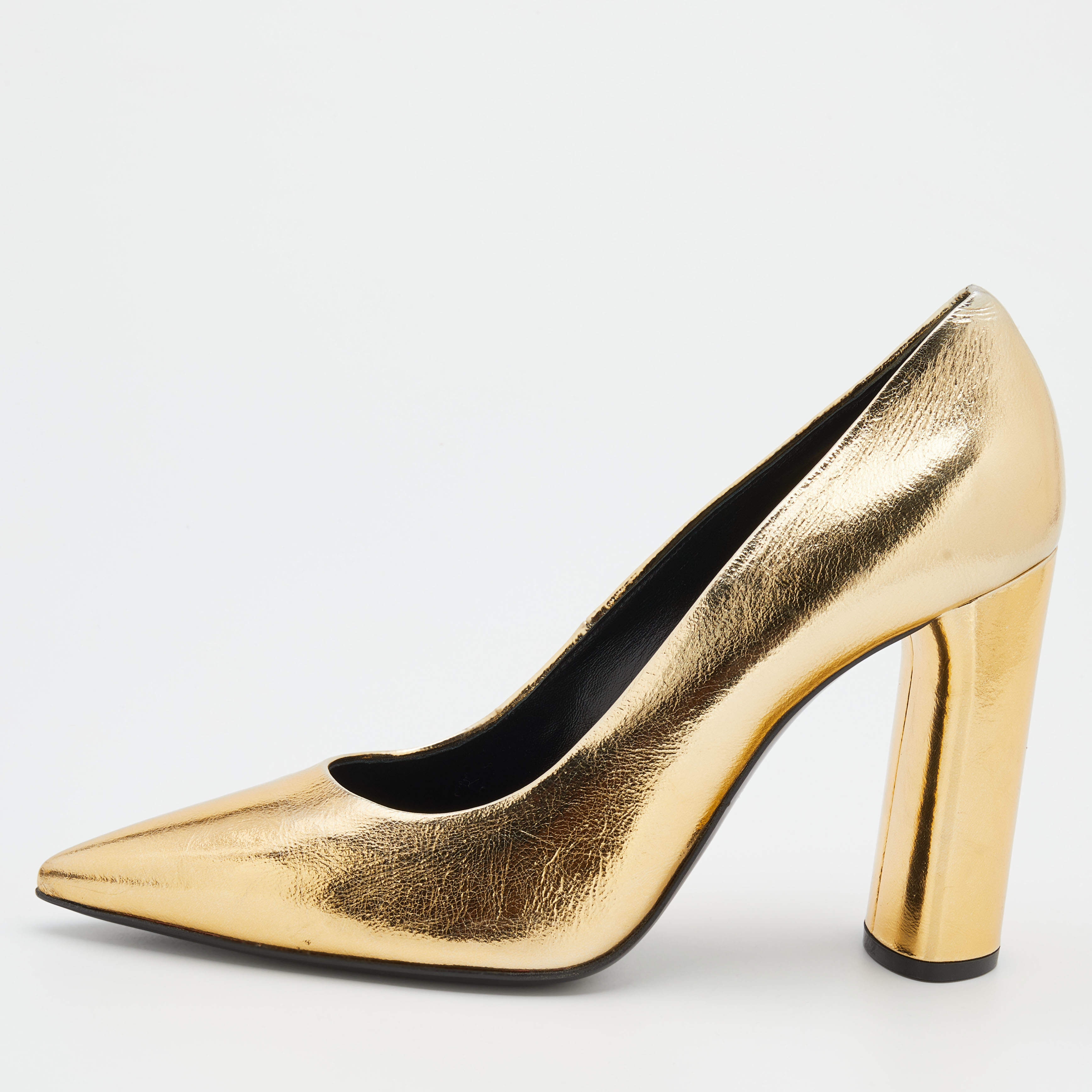 Pre Owned Casadei Metallic Gold Crinkled Leather Pointed Toe Pumps Size 39