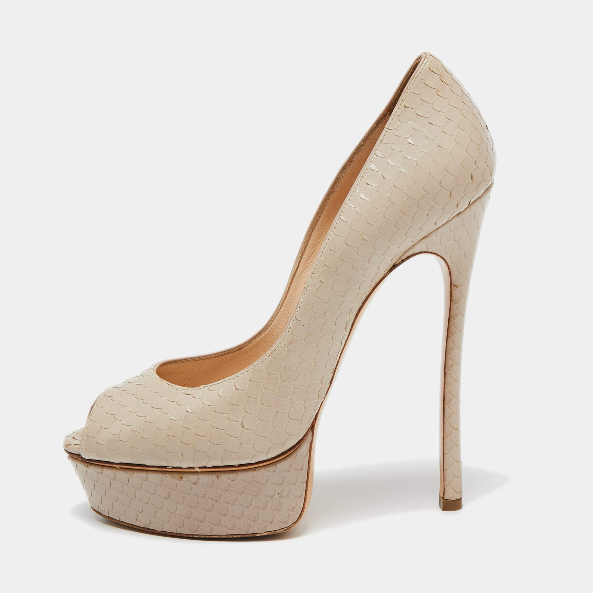 Pre Owned Casadei Beige Python Embossed Leather Peep Toe Platform Pumps Size 38