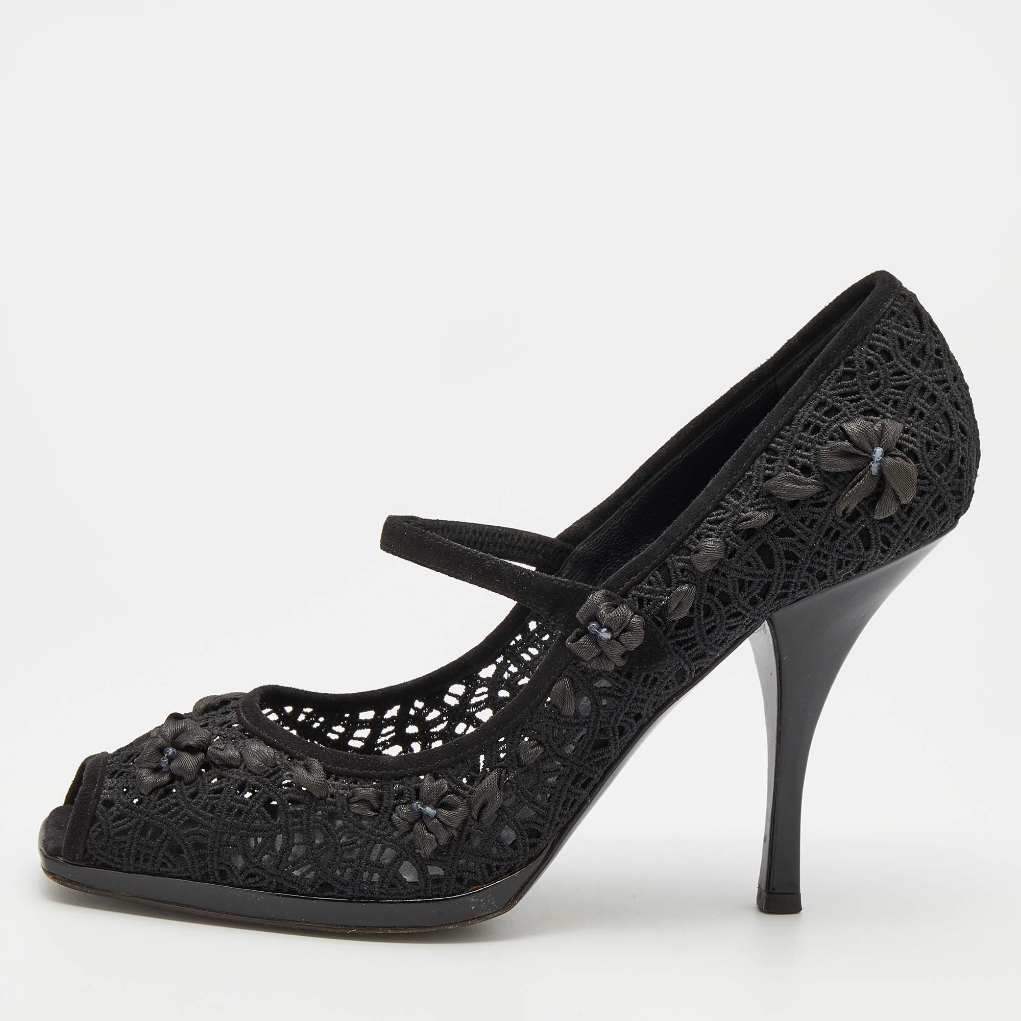 Casadei Black Crochette Nylon and Suede Peep Toe Pumps Size 39