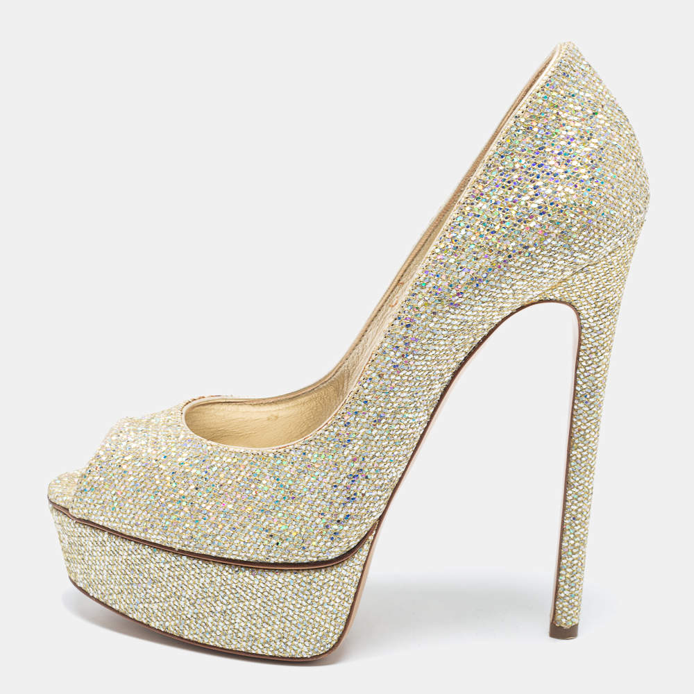 Pre Owned Casadei Multicolor Glitter Peep Toe Platform Pumps Size 37