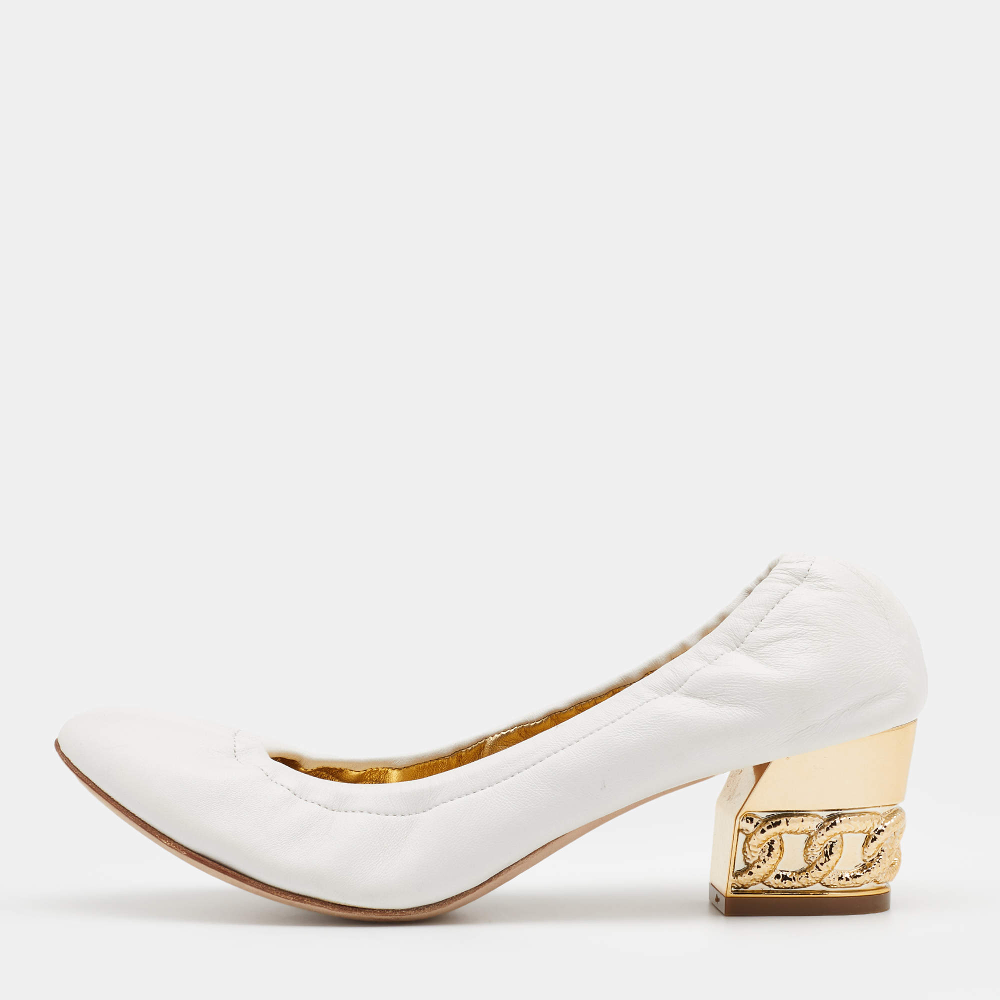 Pre Owned Casadei White Leather Scrunch Block Heel Pumps Size 37