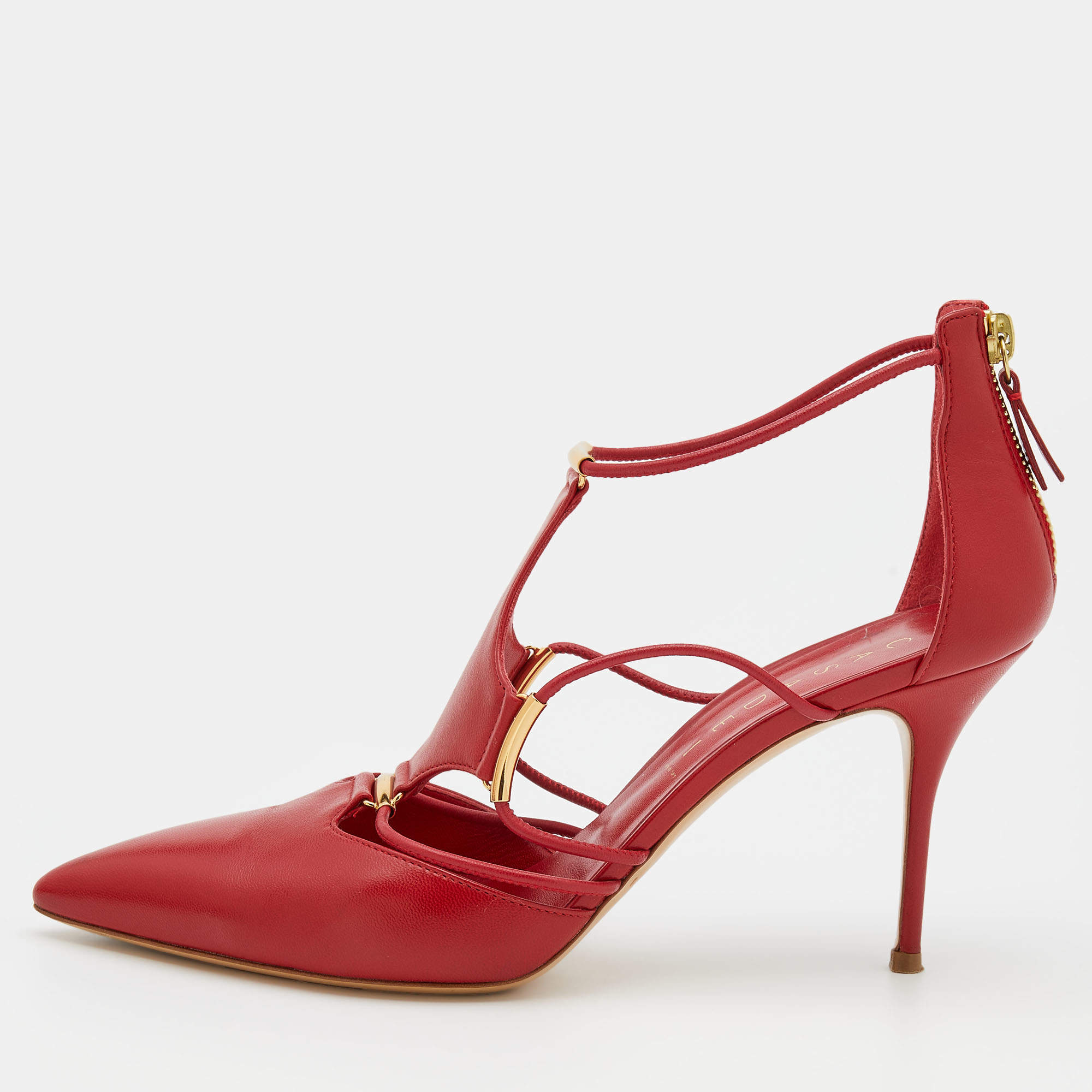 Pre Owned Casadei Red Leather Strappy Pointed Toe Pumps Size 39
