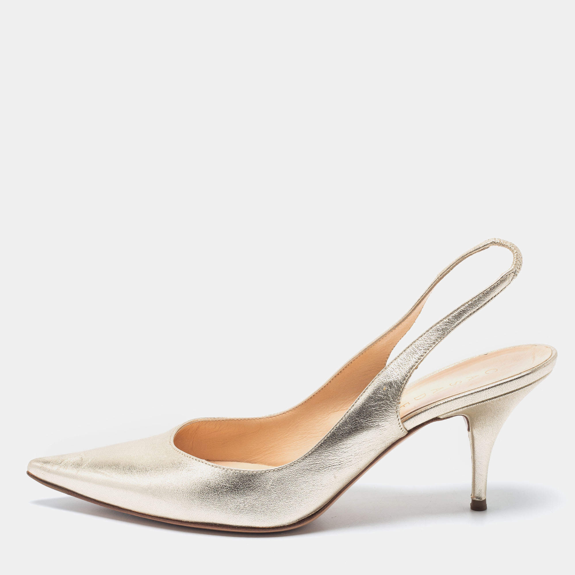 Pre Owned Casadei Light Gold Leather Pointed Toe Slingback Pumps Size 41