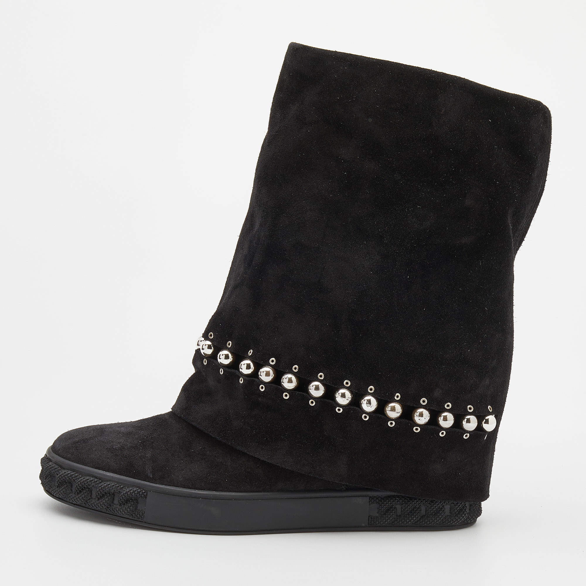 Pre Owned Casadei Black Suede Pearl Detail Fold Over Wedge Boots Size 38