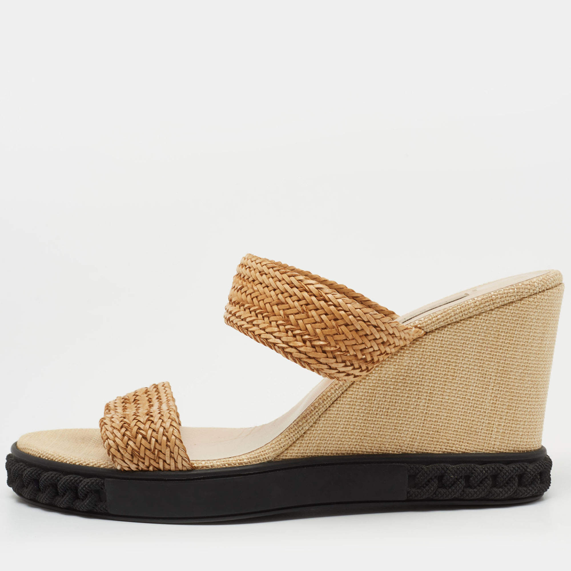 Pre Owned Casadei Tan Woven Leather Slide Wedge Sandals Size 40