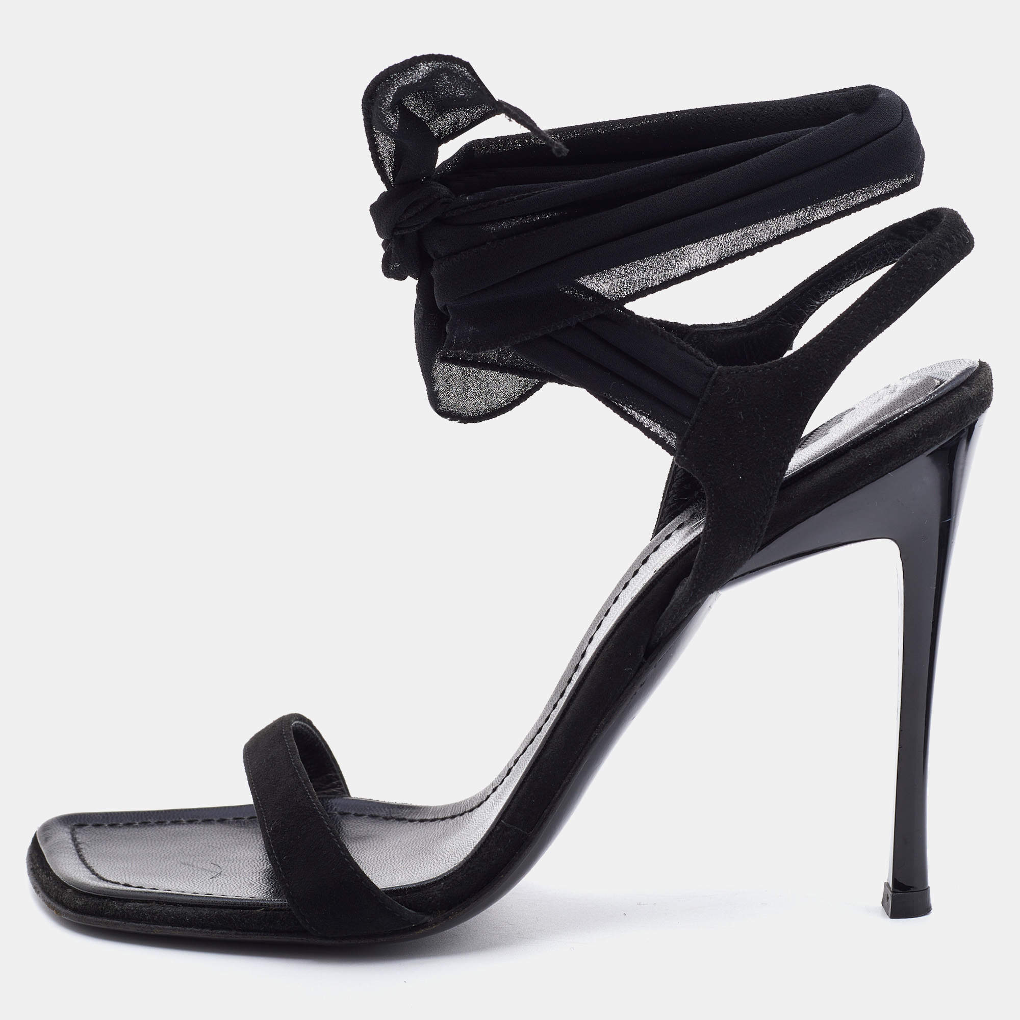 Pre Owned Casadei Black Suede and Fabric Ankle Wrap Sandals Size 36.5