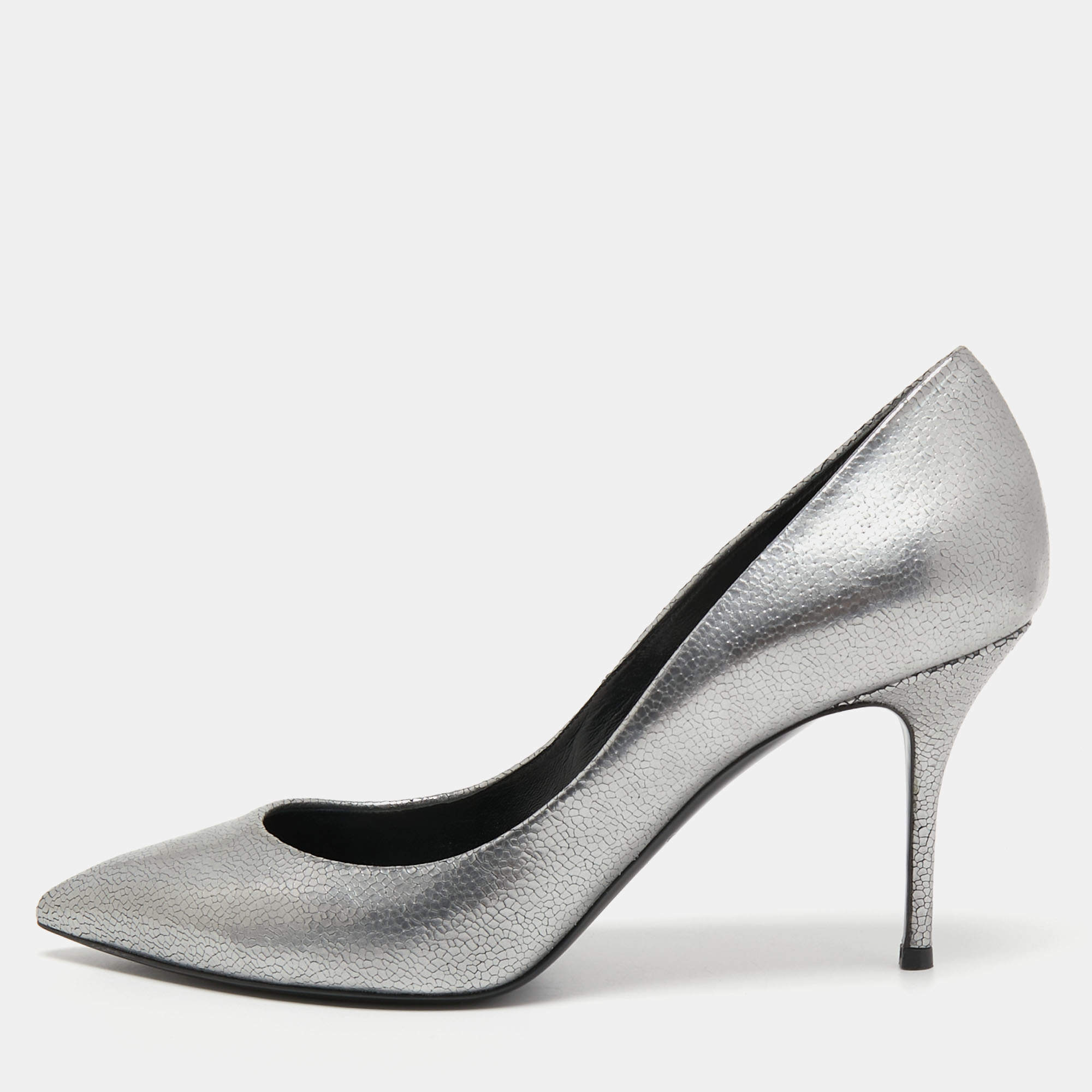 Pre Owned Casadei Silver Texture Leather Pointed Toe Pumps Size 37.5