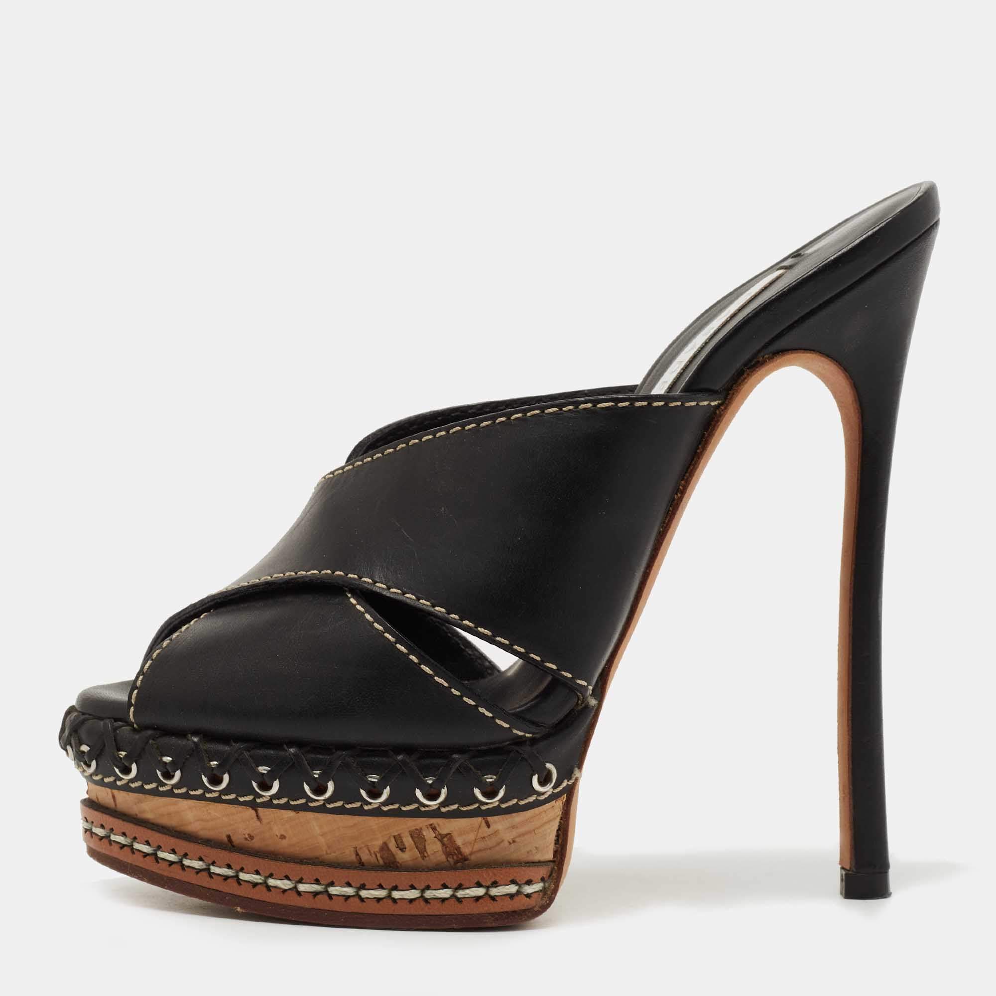 Pre Owned Casadei Black Leather Peep Toe Platform Slide Sandals Size 35