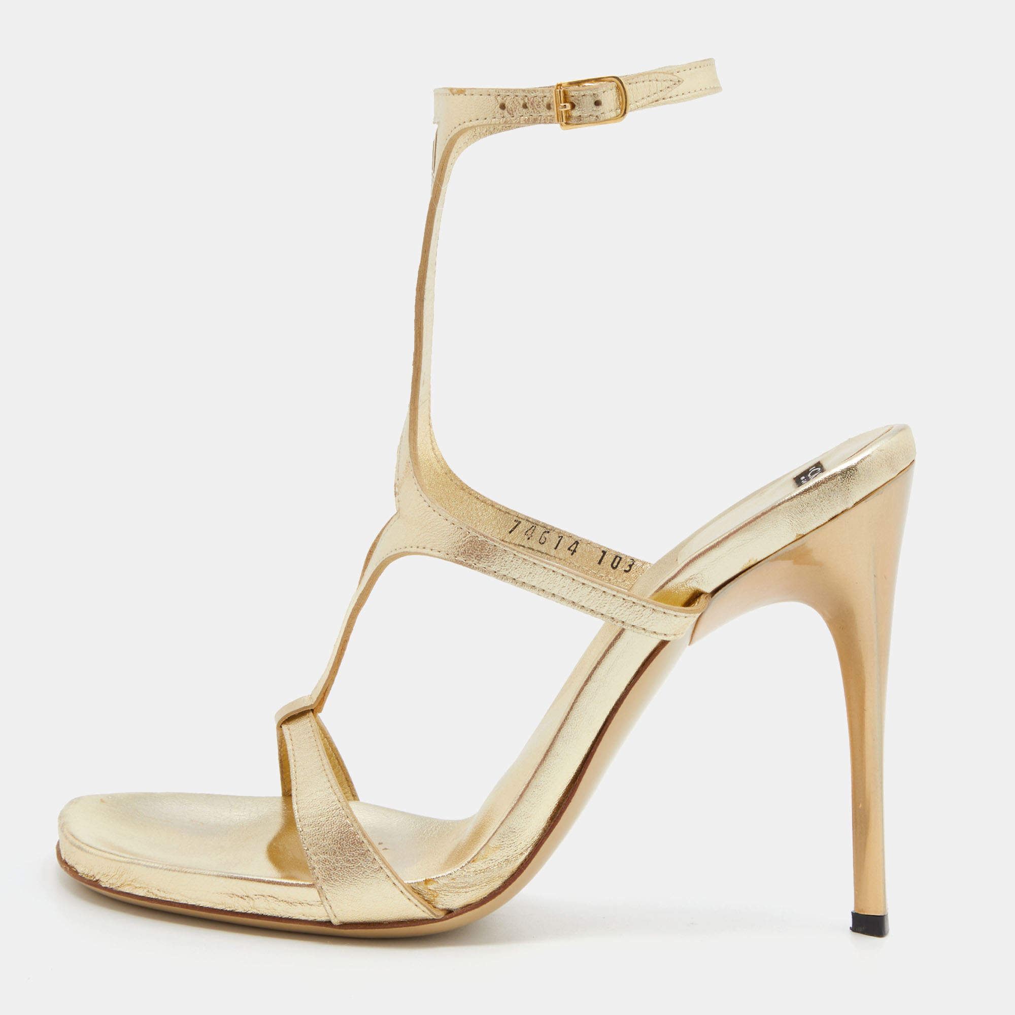 Pre Owned Casadei Metallic Gold Leather Ankle Strap Sandals Size 40