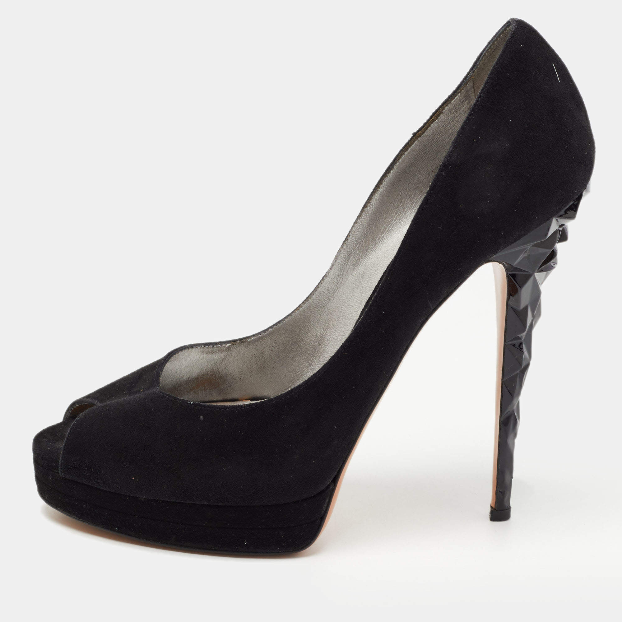 Pre Owned Casadei Black Suede Peep Toe Platform Pumps Size 39