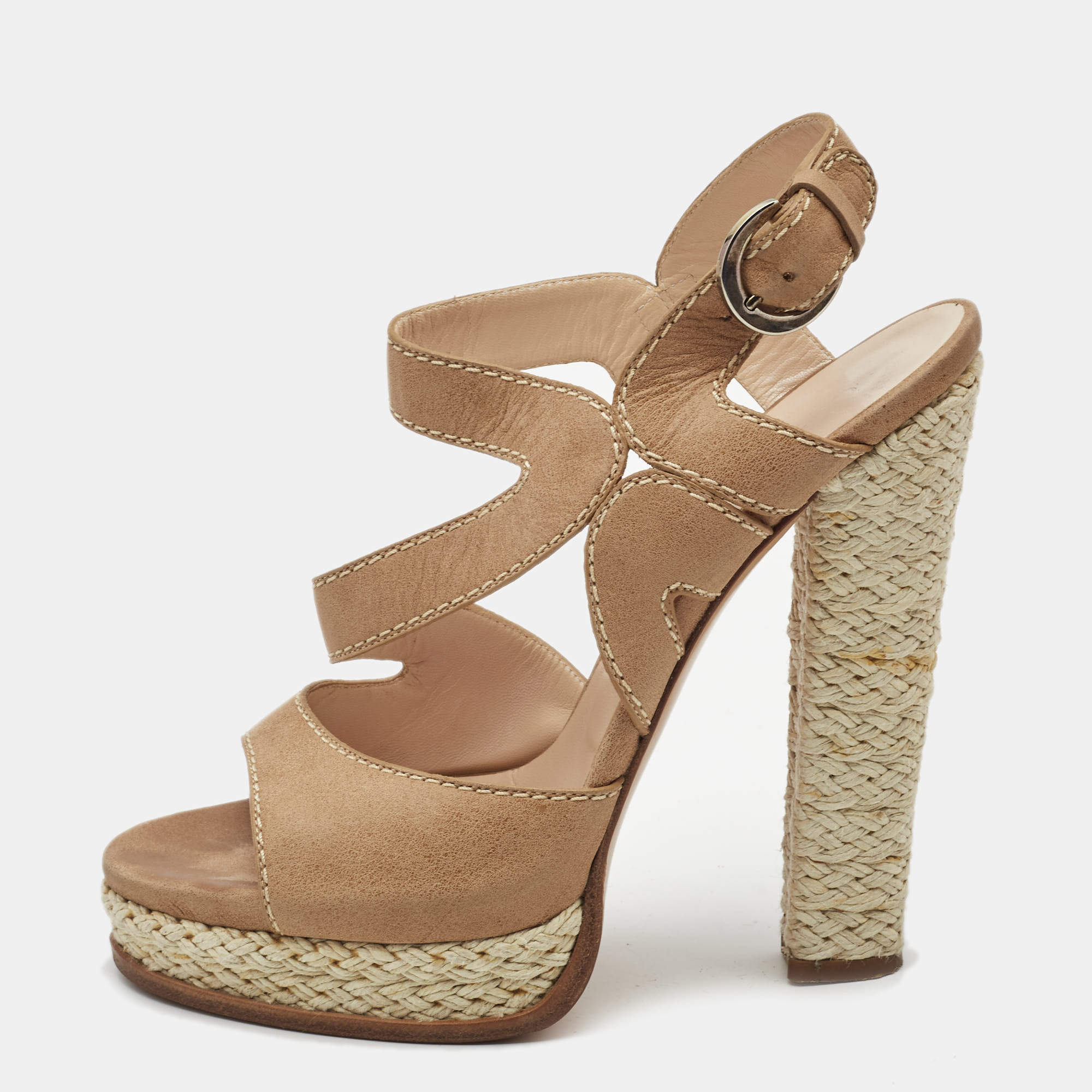 Pre Owned Casadei Light Brown Nubuck Leather Ankle Strap Espadrille Sandals Size 39