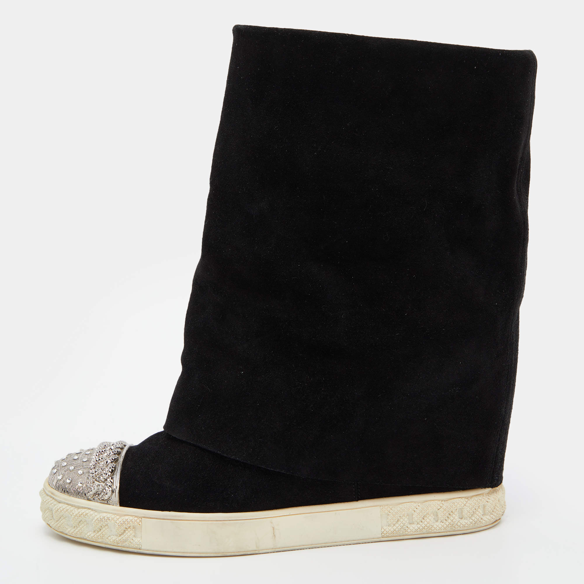 Pre Owned Casadei Black Suede Chain Cap Toe Foldover Wedge Boots Size 39