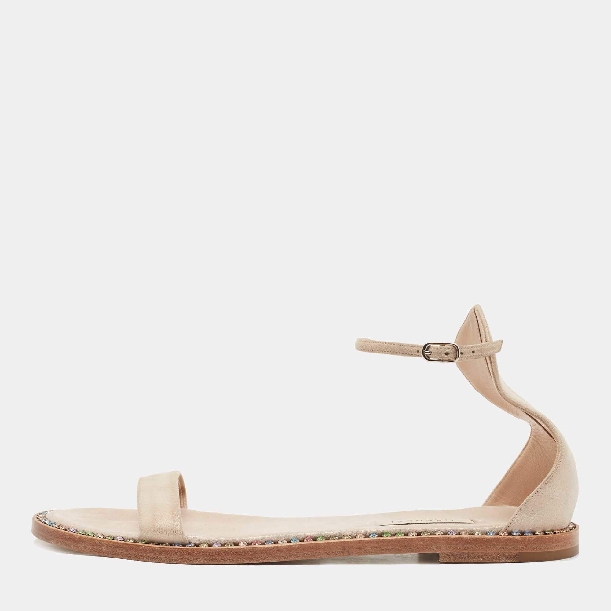 Pre Owned Casadei Metallic Pink Suede Crystal Embellished Ankle Strap Flats Size 39