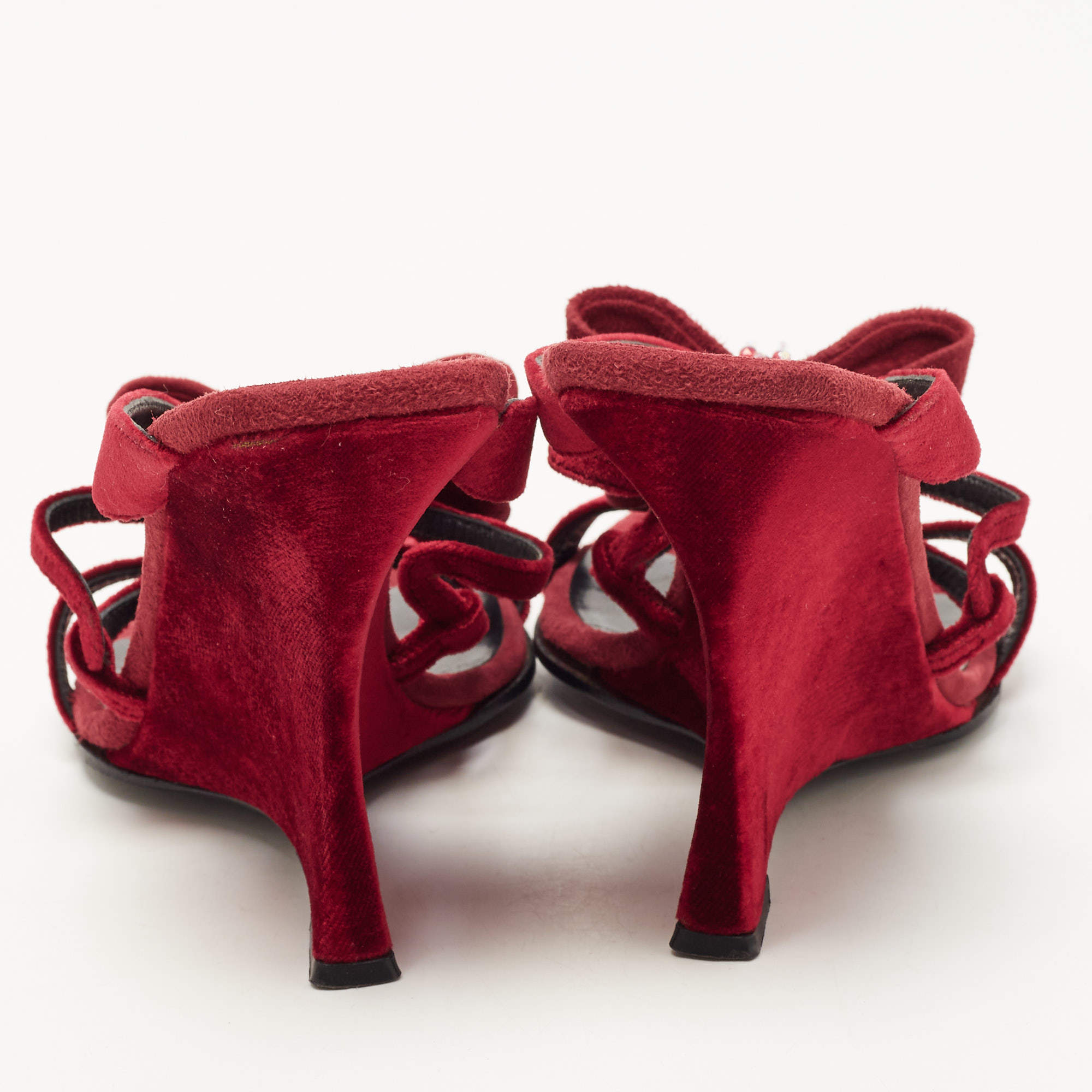 Pre Owned Casadei Red Velvet Bow Embellished Wedge Strappy Sandals Size 38
