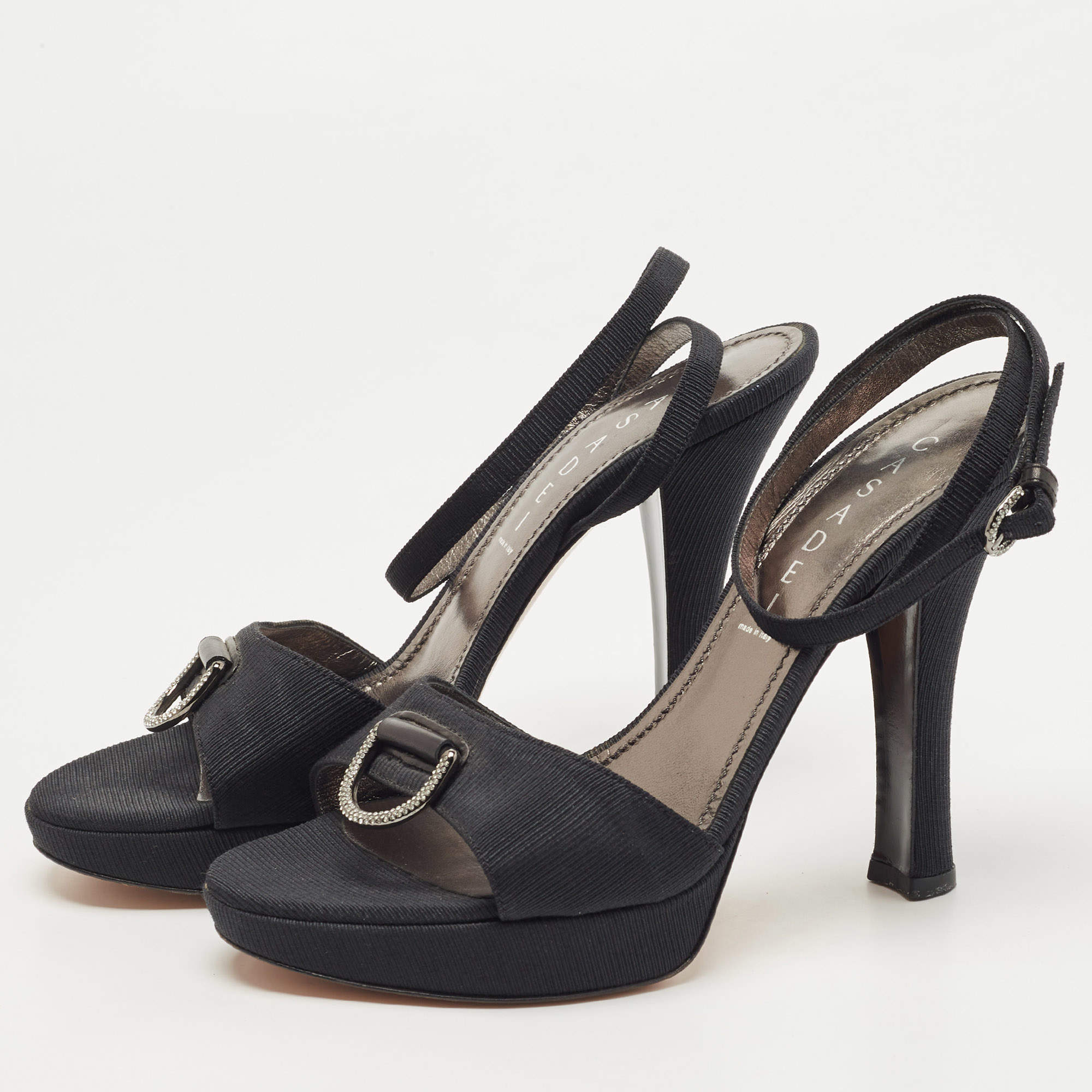 Pre Owned Casadei Black Grosgrain Fabric Crystal Embellished Platform Ankle Strap Sandals Size 36