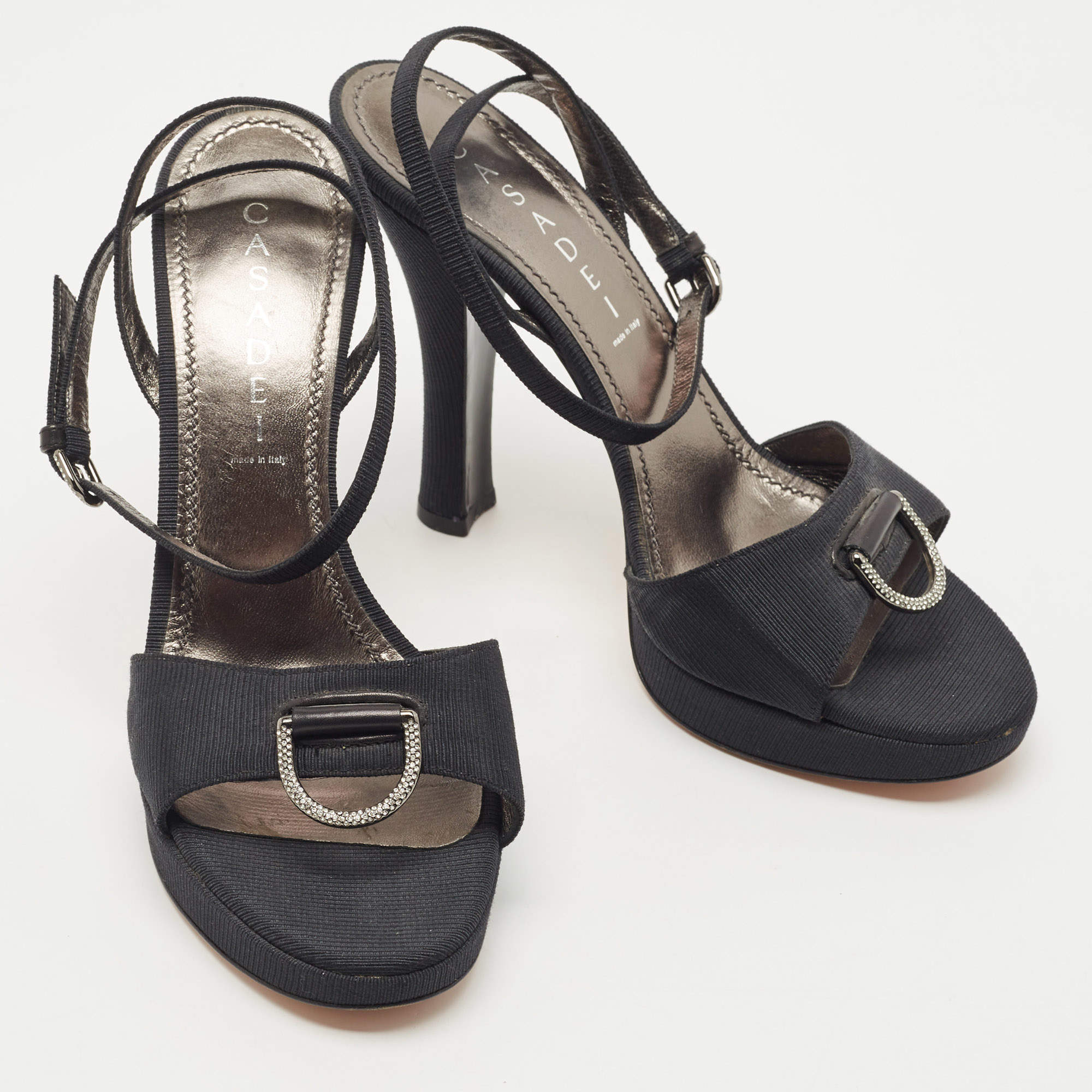 Pre Owned Casadei Black Grosgrain Fabric Crystal Embellished Platform Ankle Strap Sandals Size 36