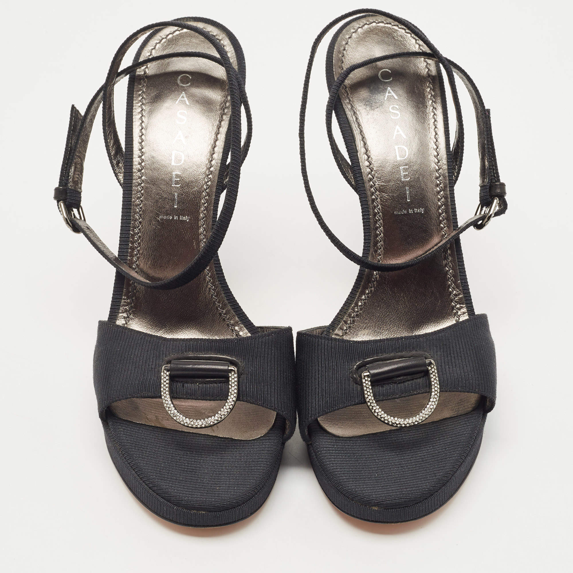 Pre Owned Casadei Black Grosgrain Fabric Crystal Embellished Platform Ankle Strap Sandals Size 36